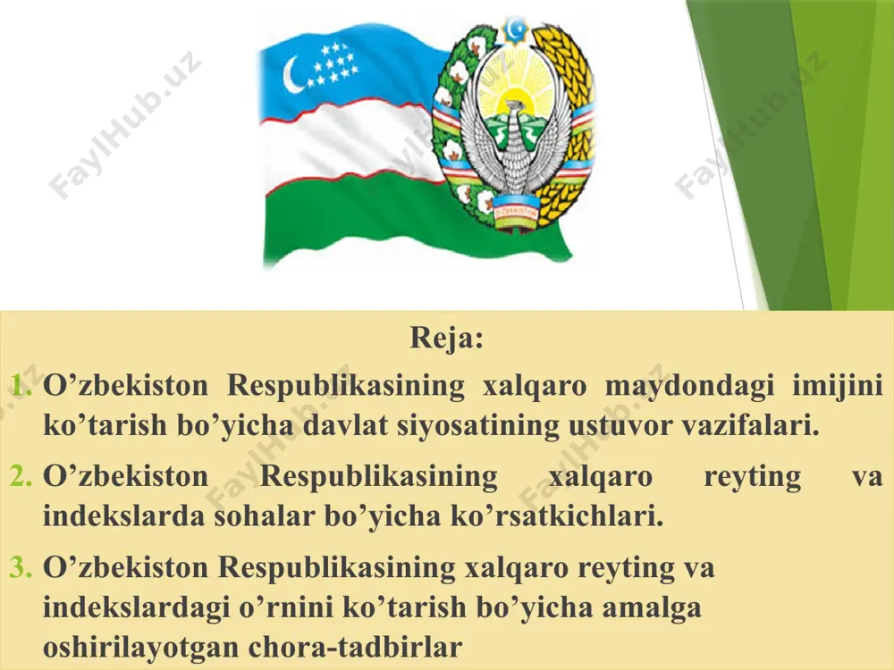 atning betakror imij xususiyatlaridan foydalanish samaradorligini oshirish bo’lib, bular qatoriga boy madaniy, tarixiy, ma’naviy va intellektual meroslar, ko’p asrlik davlatchilik, mintaqaning jahon sivilizatsiyasi rivojiga qo’shgan hissasi e’tirofi, samimiy darajadagi millatlararo va dinlararo bag’rikenglik, ijtimoiy totuvlik, boy tabiiy resurslar, rivojlangan transport va kommunikatsiya infratuzilmalari, mafkuraviy dunyoqarashlardan qat’iy nazar teng huquqli hamkorlikka tayyorligi kabilardir. mamlakatimizning jahon hamjamiyatida ijobiy e’tirof etilishini yanada yaxshilash va o’zbekistonning salmoqli imij salohiyatidan ustuvor iqtisodiy, ijtimoiy, investitsiyaviy, ilmiy, ma’rifiy, madaniy va boshqa vazifalarni amalga oshirishda samaraliroq darajada foydalanish borasida davlat muassasalari faoliyatini jadallashtirishning ahamiyati ortib bormoqda. ushbu yo’nalishdagi faoliyat davlat va jamoatchilik tuzilamalari va institutlarining yaqindan hamkorligi va muvofiqlashtirilishi orqali muntazam ravishda olib borilishi lozim. 7 xalqaro reyting agentliklari o’z tahlillarida 2016 yilda hokimiyatga shavkat mirziyoev kelishi bilan kelgusida iqtisodiyotning o’sishini ta’minlash uchun qator iqtisodiy va institutsional islohotlar boshlanganini qayd etmoqda. bo’lib o’tgan forumda so’z olgan xalqaro agentliklar vakillari ham o’zbekiston keyingi 3 yil ichida turli yo’nalishlarda reyting …