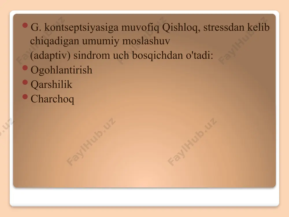 g bemoringizga qanday stressli dori-darmonlarni yozasiz? javoblar 1. stress-bu organizmning gomeostazani buzadigan psixologik yoki jismoniy ta'sirga bo'lgan umumiy reaktsiyasi, shuningdek, ma'lum bir holat yoki butun organizm yoki faqat asab tizimi. 2. stress belgilari: yangi ma'lumotni eslab qolish qiyin. unutuvchanlik, tartibsizlik, tartibsizlik. qaror qabul qilish qiyin. diqqatni jamlash qiyin. qisqa tushuncha. pessimizm. fikrlar ot poygasi. doimiy tashvish va tashvish hissi. uyqusizlik yoki qorong'ulik. 3. stress turlari: hissiy va psixologik, eustress, qiyinchilik. 4. stressni bartaraf etish usullari: fitoterapiya, tabassum uchun sabab toping. 5. nootropil, piracetam e'tiboringiz uchun tashakkur! image2.jpeg image3.jpeg image4.jpeg image5.jpeg image6.jpeg image7.jpeg image8.jpeg image9.jpeg stressed businessman at desk /docprops/thumbnail.jpeg
