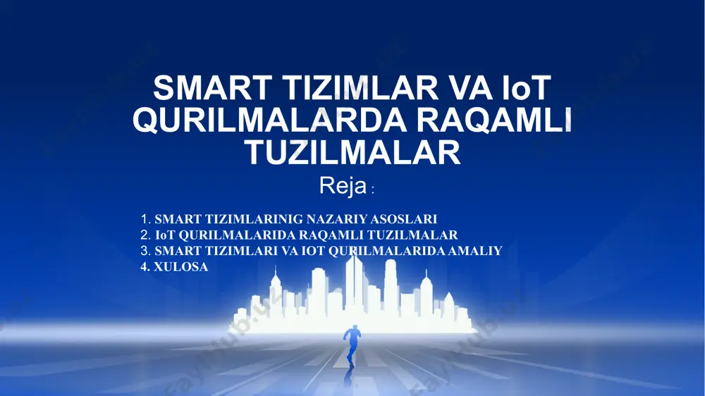 dasturiy platformalardan iborat bo‘lgan strukturalar majmui. iot qurilmalarining asosiy vazifasi – axborot oqimlarini o‘zaro ulashish, ma’lumotlarni qayta ishlash va shunday ma’lumotlardan samarali echimlar topishga qaratilgan bo‘lishi kerak. smart tizimlarning qo‘llanilish sohalari 1 sanoat aqlli zavodlar, avtomatlashtirilgan ishlab chiqarish liniyalari 2 transport: avtonom avtomobillar va yo‘l harakati boshqaruvi. 3 qishloq xo‘jaligi aqlli sug‘orish tizimlari, o‘simlik monitoringi. 4 uy xo‘jaligi: aqlli uylar, xavfsizlik tizimlari va energiya boshqaruvi. smart tizimlarning texnologik yechimlari 1 5g tarmoqlari yuqori tezlikda ma'lumotlar almashinuvi va uzluksiz ulanish imkonini beradi. 2 sun'iy intellekt (ai): ma'lumotlarni tahlil qilish va moslashuvchan qarorlar qabul qilish. 3 bulutli hisoblash ma'lumotlarni masofadan saqlash va ularga kirish imkoniyatini ta'minlash.. iot tizimlarning qo‘llanilish sohalari 1 aqlli shaharlar (smart cities): trafik oqimini boshqarish, yo‘l harakati tahlili, energiya sarfini kamaytirish va suv ta’minotini yaxshilash. 2 sanoat va ishlab chiqarish (industrial iot): ishlab chiqarish jarayonlarida iot sensorlaridan foydalanib, texnik nosozliklarni oldindan aytib, energiya sarfini optimallashtirish 3 qishloq xo‘jaligi iot …