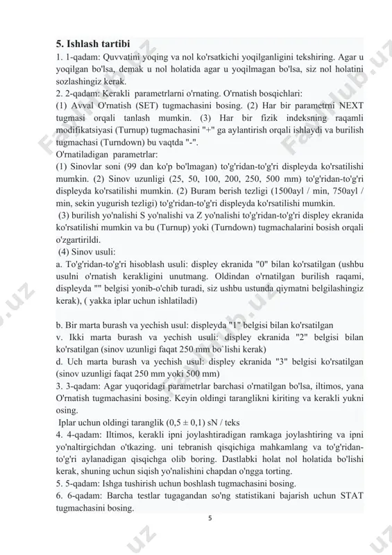 va yechish. l = 500mm sinov uzunligini anglatadi. s ning ma'nosini anglatadi. burilishlarning oldindan o'rnatilgan soni (faqat to'g'ridan-to'g'ri hisoblash usulida o'rnatilishi kerak, boshqa usullarni o'rnatmaslik kerak). chop etish bosib chiqarish usuli degan ma'noni anglatadi. dtex chiziqli zichlikni anglatadi. (y331a-da bosib chiqarish funktsiyasi yo'q, lekin yg155b da bo'lishi mumkin.) har bir miltillovchi raqamni (turnup) yoki (turndown) tugmasi orqali o'zgartirish uchun next tugmachasini bosing. buning uchun har bir parametrning aniq sozlamalari, amalda o'rnatiladigan sinov parametrlari ustuniga murojaat qiling. parametrlar o'rnatilganda, iltimos, ipni mahkamlang. ishga tushirish uchun boshlash (start) tugmachasini bosing, oldindan belgilangan raqamga o'girilganda aylanadigan qisqich to'xtaydi.buramni yechish uchun turn up/ down tugmasini bosing.ipni burami yechilganini tekshirish uchun maxsus ignadan foydalaning. bu erda n = 01 birinchi marta anglatadi. n = 0 to'g'ridan-to'g'ri hisoblash usulini anglatadi. t = ***. 0 burilish sonini barcha iplar tortib olingandan keyin bildiradi.. x (01) = ****. 10 / sm 10 sm ga burilish soni bilan ifodalanadi. …