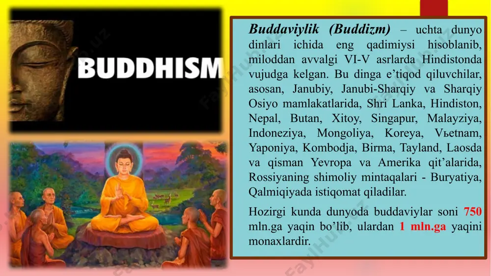 erishadi. nirvana so’zma-so’z “o’chish, so’nish” ma’nolarini anglatadi. unda hayotning har qanday ko’rinishiga intilish yo’qoladi. tripitaka va buddaviylikning muqaddas manbalari. buddaviylik ta'limoti bir qator devon shakliga keltirilgan to'plamlarda bayon qilingan. ulardan eng asosiysi tripitaka (yoki tipitaka) – uch savat ma'nosini anglatadi. u uch qismdan iborat bo'lganligi uchun shunday nom bilan atalgan. buddaviylikning bu yozma manbasi hozirgi davrda shri-lankada saqlanib qolgan. ular - budda targ'ibotining haqiqiy bayoni hisoblangan sutra matnlari – sutra-pitaka, rohiblik axloqi va xonaqohlar nizomlariga bag'ishlangan vinaya matnlari – vinaya-pitaka, buddaviylikning falsafiy va psixologik muammolarini bayon qilib berishga bag'ishlangan abxidxarma matnlari – abxidxarma-pitaka dan iborat. buddiylik oqimlari xinayana maxayana lamaizm xinayana «xinayana» buddizimning asosiy yo’nalishlaridan biridir. «xinayana» «kichik arava» ma’nosini anglatib, u diniy yo’nalish sifatida eramizdan avvalgi i asrda shakllangan. «xinayana» ta’limotiga ko’ra draxmalar tabiatini o’rganishga va nirvanaga ma’naviy yo’l bilan erishiladi. bu yo’l juda og’ir. shu sababli faqat monaxlargina nirvana xolatiga yetishish mumkin. bu yo’nalish sharqiy xindistonda, shri-lanka, xidi-xitoy …