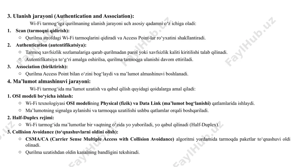is tarmoqlarida ishlatiladi. controller-based access point: ko‘p ap qurilmalarini boshqarish uchun tarmoq kontrolleri orqali ishlaydi. katta korporativ tarmoqlarda ishlatiladi. mesh access point: o‘zaro bog‘langan bir nechta ap qurilmalari simsiz signalni keng hududga tarqatadi. keng qamrovli tarmoqlar uchun mo‘ljallangan. poe access point: power over ethernet (poe) texnologiyasi yordamida elektr quvvatini ethernet kabel orqali oladi. access point qurilmasining asosiy rollari: 1. signal tarqatish va tarmoqka ulash: access point wi-fi signalini tarqatadi, ya’ni tarmoqka ulanish imkonini beradi. u simli internet manbasini (ethernet kabel orqali) qabul qiladi va uni simsiz signalga aylantiradi. qurilmalarning o‘zaro ma’lumot almashishi uchun bir xil ssid va xavfsizlik sozlamalari orqali ishlaydi. 2. simsiz tarmoqda qurilmalarni boshqarish: access point bir nechta qurilmaga ulanish imkonini beradi, bu esa katta foydalanuvchi guruhlarining tarmoqdan foydalanishini osonlashtiradi. ap qurilmasi har bir ulanuvchi qurilmaning ma’lumot uzatish talablarini boshqaradi va ularning o‘zaro aloqa qilishiga imkon yaratadi. 3. ulanish nuqtasi (hotspot): ap qurilmasi jamoat joylarida (kutubxona, kafelar, aeroport) …