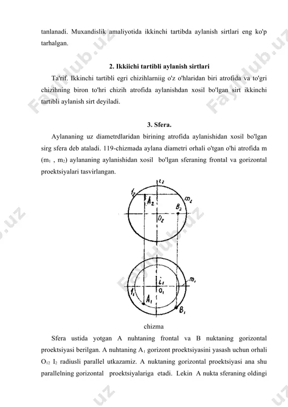 bo'lgan sirt tor sirt deyiladi. yasovchi m aylana radiuci g va aylana markazidan o'hhacha bulgan r masofalarning o'zaro nisbatiga ko'ra tor sirtlari turlicha buladi: 1. g r bo'lganda yasovchi m (m1, m2) aylana aylanish o'hi i (i1 i2) ni kesadi. bu holda hosil bo'lgan tor ham, yonih tor deyiladi. (124 v-chizma) ixtiyoriy tekislik torni 4-tartibli egri chizih bo'yicha kesadi, shuning uchun tor ham, 4-tartibli sirtdir. i. aylana bulagining aylanishidan xosil bo'lgai tor-globoid va gumbaz shaklida uxshagan yopih tor sirtlari mavjud bo'lib (125-chizma) umuman tor sirtlari texnikada va kurilishda keng kullaniladi. chizma chizma adabiyotlar 1. koroev yu.i. "nachertatelnaya geometriya" moskva "stroyizdat" 1987 god. 2. mixaylenko v.k, ponomarev l.m. "injenernaya grafika" kiev 1985god. 3. murodov sh.k. va boshkalar "chizma geometriya kursi" toshkent "ukituvchi" 1988 yil. 4. murodov sh.k. "gidrotexniklar uchun chizma geometriya" toshkesht "ukituvchi" 1991 yil. 5. raxmonov i. "perspektiva" toshkent "ukituvchi" 1973 yil. 6. sobirov e. "chizma geometriya kiska kursi" toshkent …