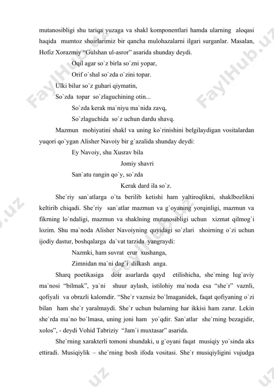 larni bajaradigan vazifasiga ko`ra ikki guruhga ajratish mumkin. 1. asosiy unsurlar: ritm, vazn, qofiya, band. 2. yordamchi unsurlar: intonatsiya, poetik sintaksis, she`riy san`atlar. asosiy unsurlar bilan tanishib chiqamiz: ritm- she`r misralaridagi bir-biriga keng nutq bo`laklarining bir tekisda izchil takrorlanib kelishidan paydo bo`ladigan ohangdoshlik. she`r ritmi, odatda, vazn, bo`g`in, turoq, turkum, pauza, band, qofiya, intonatsiya, poetik figuralar, poetik fonetika, she`r san`atlari bilan uzviy bog`liq. ritmni yuzaga keltiruvchi asosiy unsurlardan biri – vazndir. vazn esa bo`g`in, turoq, turkum, pauza, urg`u kabi unsurlardan paydo bo`ladi. bo`g`in – bir havo zarbi bilan aytiladigan tovush yoki tovushlar birikmasi bo`lib, she`riy nutq o`lchovida dastlabki ritmik birlikdir. barmoq tizimida bo`g`inlar turoqlarni, turoqlar turkumlarni, turkum vaznni, vazn ritmni, ritm musiqiylikni, musiqiylik poetik g`oyani vujudga keltiradi. she`riy unsurlarning ketma-ketligi va bog`liqligini shunday ko`rsatish mumkin: bo`g`in-turoq- turkum –vazn- ritm- musiqiylik- poetik- g`oya- she`r. bo`g`in mumtoz she`riyatda hijo deb yuritiladi, unda qisqa va cho`ziq hijolarning miqdori va tartibi muhim rol o`ynaydi. …