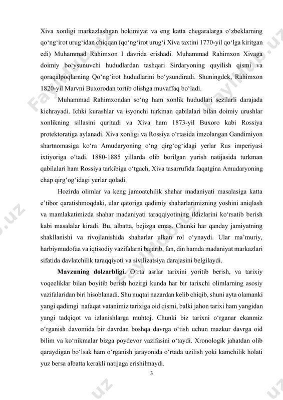 e’tibor qaratishmoqdaki, ular qatoriga qadimiy shaharlarimizning yoshini aniqlash va mamlakatimizda shahar madaniyati taraqqiyotining ildizlarini ko‘rsatib berish kabi masalalar kiradi. bu, albatta, bejizga emas. chunki har qanday jamiyatning shakllanishi va rivojlanishida shaharlar ulkan rol o‘ynaydi. ular ma’muriy, harbiymudofaa va iqtisodiy vazifalarni bajarib, fan, din hamda madaniyat markazlari sifatida davlatchilik taraqqiyoti va sivilizatsiya darajasini belgilaydi. mavzuning dolzarbligi. o‘rta asrlar tarixini yoritib berish, va tarixiy voqeeliklar bilan boyitib berish hozirgi kunda har bir tarixchi olimlarning asosiy vazifalaridan biri hisoblanadi. shu nuqtai nazardan kelib chiqib, shuni ayta olamanki yangi qadimgi nafaqat vatanimiz tarixiga oid qismi, balki jahon tarixi ham yangidan yangi tadqiqot va izlanishlarga muhtoj. chunki biz tarixni o‘rganar ekanmiz o‘rganish davomida bir davrdan boshqa davrga o‘tish uchun mazkur davrga oid bilim va ko‘nikmalar bizga poydevor vazifasini o‘taydi. xronologik jahatdan olib qaraydigan bo‘lsak ham o‘rganish jarayonida o‘rtada uzilish yoki kamchilik holati yuz bersa albatta kerakli natijaga erishilmaydi. kurs ishi tadqiqotining maqsadi. mazkur kurs ishining …