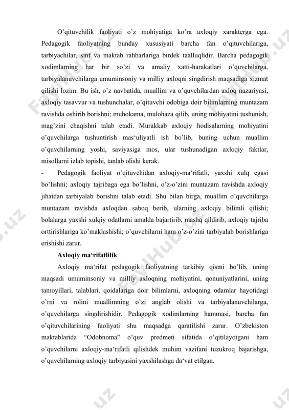 ekiston maktablarida “odobnoma” o’quv predmeti sifatida o’qitilayotgani ham o’quvchilarni axloqiy-ma‘rifatli qilishdek muhim vazifani tuzukroq bajarishga, o’quvchilarning axloqiy tarbiyasini yaxshilashga da‘vat etilgan. · o’quvchilarni axloqiy-ma‘rifatli qilish bu, ularning axloqqa doir muammolar, axloqiy baho mezonlari bilan tanishtirish; kishi biror ishni qilayotganda fikri, so’zi, xulqi, xatti-harakatlarida mas‘uliyatini va erkinlik darajasini bilishi, har bir harakatining xulq-atvorining oqibatini ko’z oldiga keltirish lozimligini yoshlarga anglatishdan iborat. shu tariqa o’quvchilar hayotining ma‘nosi, yashashdan maqsad baxt nima ekanligini anglab olishlari lozim. · bu muammoli masalalarni boshqalarga tushuntirish uchun o’qituvchi axloq nazariyasi sohasida chuqur bilimga ega bo’lishi, umuminsoniy va milliy-axloq bilan sinfiy axloqning farqi va o’xshash tomonlarini ajrata bilishi lozim. o’quvchilarning to’g’ri javob berish uchun muallimning ko’p vaqti ketadi, u ko’p kuch sarflaydi. lekin bu jarayonda o’qituvchining axloqqa doir bilimlari, ma‘naviy saviyasi ham orta boradi. · axloqiy ma‘rifat shaxsni axloqiy tarbiyalashning birinchi bosqichi bo’lib yoshlarni axloq to’g’risida falsafiy ta‘limotlarning mazmuni va mohiyati, progressiv axloqiy g’oyalar, tamoyillar, qoidalar bilan tanishtiradi. …