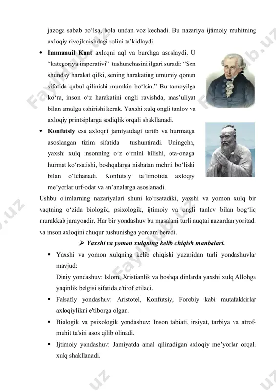 axshi xulq ongli tanlov va axloqiy printsiplarga sodiqlik orqali shakllanadi. · konfutsiy esa axloqni jamiyatdagi tartib va hurmatga asoslangan tizim sifatida tushuntiradi. uningcha, yaxshi xulq insonning o‘z o‘rnini bilishi, ota-onaga hurmat ko‘rsatishi, boshqalarga nisbatan mehrli bo‘lishi bilan o‘lchanadi. konfutsiy ta’limotida axloqiy me’yorlar urf-odat va an’analarga asoslanadi. ushbu olimlarning nazariyalari shuni ko‘rsatadiki, yaxshi va yomon xulq bir vaqtning o‘zida biologik, psixologik, ijtimoiy va ongli tanlov bilan bog‘liq murakkab jarayondir. har bir yondashuv bu masalani turli nuqtai nazardan yoritadi va inson axloqini chuqur tushunishga yordam beradi. · yaxshi va yomon xulqning kelib chiqish manbalari. · yaxshi va yomon xulqning kelib chiqishi yuzasidan turli yondashuvlar mavjud: diniy yondashuv: islom, xristianlik va boshqa dinlarda yaxshi xulq allohga yaqinlik belgisi sifatida e'tirof etiladi. · falsafiy yondashuv: aristotel, konfutsiy, forobiy kabi mutafakkirlar axloqiylikni e'tiborga olgan. · biologik va psixologik yondashuv: inson tabiati, irsiyat, tarbiya va atrof-muhit ta'siri asos qilib olinadi. · ijtimoiy yondashuv: jamiyatda amal qilinadigan …
