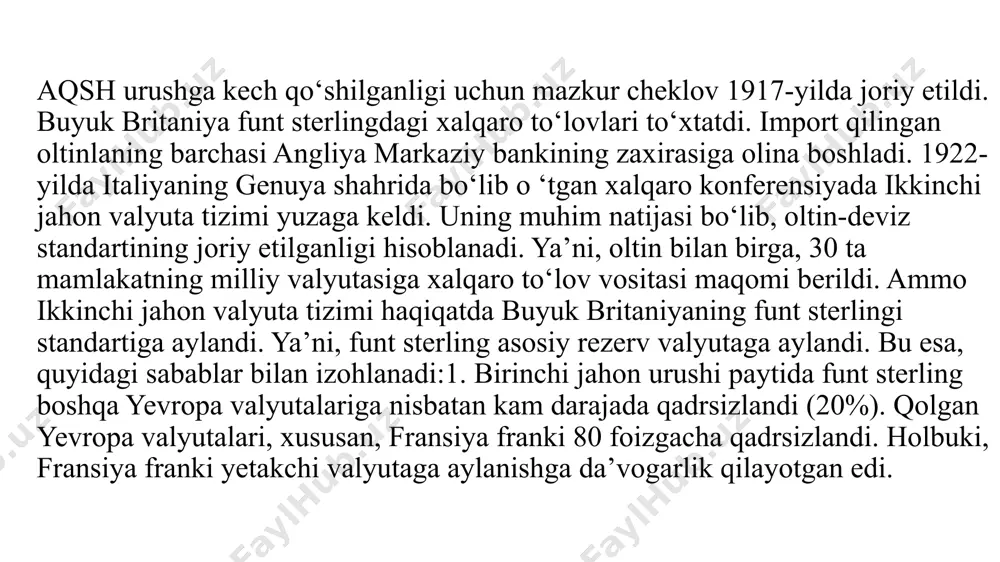asi vazifasini bajara olmaydi. ushbu vazifani, asosan, taraqqiy etgan mamlakatlaming milliy valyutalari va xalqaro hisob birligi bo‘igan sdr ( ablagiar jalb qilishning maxsus huquqi) bajaradi. xalqaro valyuta munosabatlarining yuzaga kelishi dastlab xalqaro savdoning yuzaga kelishi bilan izohlanadi. xalqaro mehnat taqsimotining yuzaga kelishi davlatlar o‘rtasida tashqi savdo munosabatlarining yuzaga kelishiga sabab bo‘ldi. 0‘z navbatida, tashqi savdoni amalga oshirish turli mamlakatlaming valyutalarini bir-biriga ayirboshlash zaruriyatini yuzaga keltirdi. xalqaro iqtisodiy integratsiya va globallashuv jarayonlarining chuqurlashishi natijasida tadbirkorlik kapitali (to‘g‘ri va portfelli xorijiy investitsiyalar) va ssuda kapitalining (xalqaro kreditlar) xalqaro miqyosdagi oqimi kuchaydi. 3. jahon pullari . jahon pullari - umumiy universal toʻlov vositasi sifatida tan olingan, xalqaro miqyosda hamma uchun xarid vositasi, boyliklarning umumiy oʻlchov birligi, qiymatning xalqaro ifodasi boʻlgan pullar; jahon bozorida amal qiluvchi yuksak likvidli pullar. jahon pullari milliy pullardan barcha mamlakatlarning xalqaro muomalasida ishlatilishi bilan farq qiladi. jahon pullari qadimda xalqaro savdo paydo boʻlishi bilan vujudga kelgan. dastlab jahon pullari …