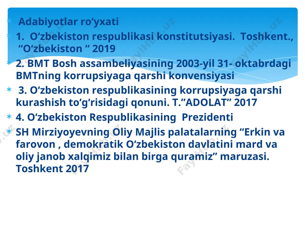 monidan 2016 yil 13 dekabrda ma’qullangan. prezident tomonidan: 2017 yil 3 yanvarda imzolangan. № o‘rq – 419. matbuotda 2017 yil 4 yanvarda e’lon qilingan. 3-modda. asosiy tushunchalar ushbu qonunda quyidagi asosiy tushunchalar qo‘llaniladi: korrupsiya — shaxsning o‘z mansab yoki xizmat mavqeidan shaxsiy manfaatlarini yoxud o‘zga shaxslarning manfaatlarini ko‘zlab moddiy yoki nomoddiy naf olish maqsadida qonunga xilof ravishda foydalanishi, xuddi shuningdek bunday nafni qonunga xilof ravishda taqdim etish; korrupsiyaga oid huquqbuzarlik — korrupsiya alomatlariga ega bo‘lgan, sodir etilganligi uchun qonun hujjatlarida javobgarlik nazarda tutilgan qilmish; manfaatlar to‘qnashuvi — shaxsiy (bevosita yoki bilvosita) manfaatdorlik shaxsning mansab yoki xizmat majburiyatlarini lozim darajada bajarishiga ta’sir ko‘rsatayotgan yoxud ta’sir ko‘rsatishi mumkin bo‘lgan hamda shaxsiy manfaatdorlik bilan fuqarolarning, tashkilotlarning, jamiyatning yoki davlatning huquqlari va qonuniy manfaatlari o‘rtasida qarama-qarshilik yuzaga kelayotgan yoki yuzaga kelishi mumkin bo‘lgan vaziyat. * 7-modda. korrupsiyaga qarshi kurashish bo‘yicha faoliyatni amalga oshiruvchi davlat organlari korrupsiyaga qarshi kurashish bo‘yicha faoliyatni bevosita amalga oshiruvchi davlat …