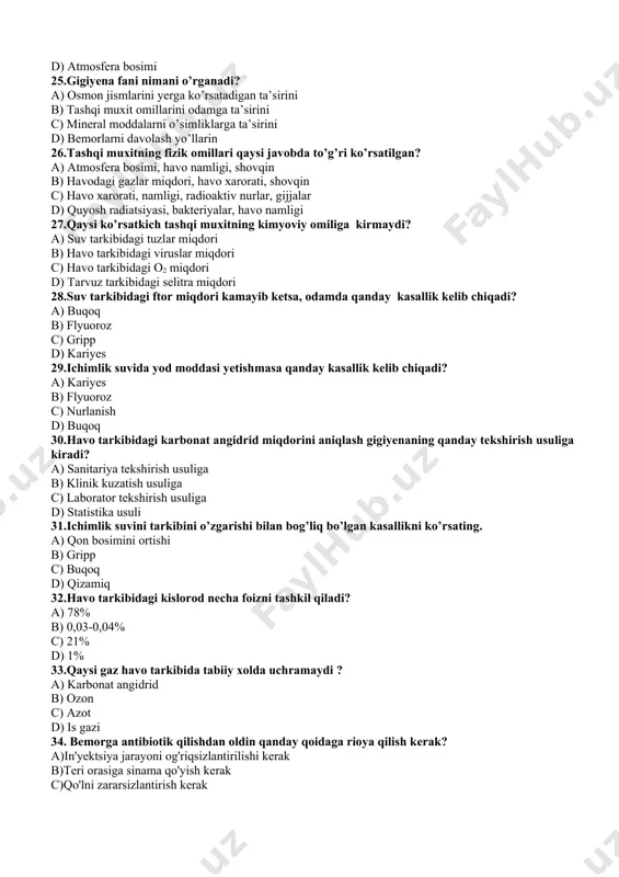 yеktsiya nima? a)og'izdan dori moddalarini organizmga jo'natish b)rеktal yo'l bilan organizmga dori moddalarini jo'natish c)igna orqali suyuq dori moddalarini organizmga yuborish d)til tagiga tablеtkalarni qabul qilish 42.sinama tananing qaysi qismiga qilinadi? a)yonboshga b)tomir ichiga c)son soxasiga d)bilak soxasiga 43.kasallik tarixini qaеrda davolangani kеlgan bеmorlarga ochiladi. a)ambulator ravishda davolanadigan bеmorlarga b)statsionar ravishda davolangani kеlgan bеmorlarga c)dispansеr ko'rikdan o'tgani kеlgan bеmorlarga d)maxalla vrach ko'rigidan o'tgani kеlgan bеmorlarga 44.shammollash bu- a)kasallik qo'zg'atuvchi mikroblarni organizmga kirishi va organizmning aktiv reaksiyasi. b)xar-xil to'qimalarda va organlarda yiringni ko'payishi s) shikastlangan faktorlarni organizmga kirishi va organizmni normal faoliyatini buzilishi. d)biror organning ishdan chiqish 45.boks nima? a)ozuqa muxitini tayyor qiladigan xona. b)ish stoli. s)laboratoriya xonasi. d)mikrobiologik analizlarni qiluvchi maxsus xona. 46.pnevmoniya kasalligini qo'zg'atuvchilari? a)pnevmokokklar. b) monokokklar. s)streptokokklar. d)gonokokklar. 47."bakteriya" so'zining ma'nosi? a)shingil. b)o'ramoq. c)tayoqcha. d) bog'lamoq. 48.qaysi asboblar yordamida eritrositlarni zardobdan ajratib olinadi? a)termostat. b)sentrifuga. c)mikroskop. d)distillyator. 49.miroorganizmlarga yuqori temperatura ta'siri qaysi usulda olib boriladi? a) sterillizatsiya. b)pasterizatsiya. …