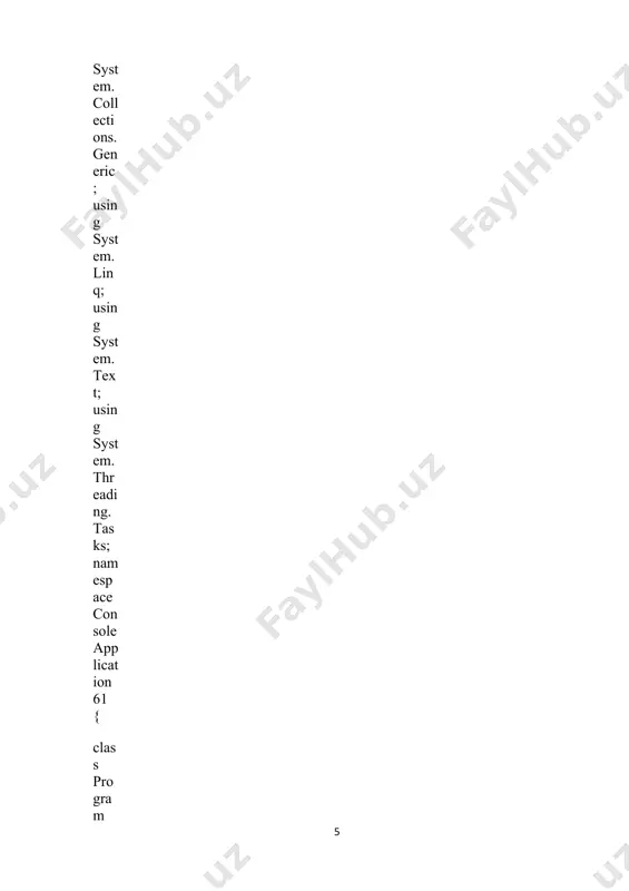 lication22 { class kompleks { public void qosh(double a, double b, double c, double d) { double s = a + c; double p = b + d; console.writeline("javob: " + s + "+" + p + "i"); } public void ayir(double a, double b, double c, double d) { double s = a - c; double p = b - d; console.writeline("javob: " + s + p + "i"); } public void kop(double a, double b, double c, double d) { double s = a * c - b * d; double p = a * d + b * c; console.writeline("javob: " + s + "+" + p + "i"); } public void bolinma(double a, double b, double c, double d) { console.writeline("javob: ({0}+{1}i)/({2}+{3}i)", a, b, c, d); } static void main(string[] args) { kompleks ob = new kompleks(); double a, b, c, d; console.writeline("kompleks sonlar: a+bi va …