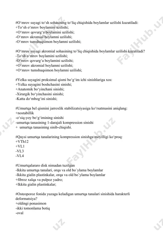 hizig`ini suyak qismidan o`tganligi #o`mrov suyagi singanda qanday gipsli bog`lam qo`yiladi? -koksit bog`lam +8 simon bog`lam -tutor bog`lom +spika bog`lam #chanoqda malgeni sinishida pereferik suyak bo`lagi qayerga siljiydi? -ichkari va pastga +tashqariga +yuqoriga -pastga #bolalarga xos sinishlarni ko’rsating? +аpofizeoliz -paylarni cho`ziluvchanligi -suyak usti pardalarini qalinligi +yashil novdasimon sinish #chaqaloqlarda maymoqoyoqlikni davolashda qanday bog`lamdan foydalaniladi? +yumshoq bog’lamdan -torokobroxial gipsli bog`lamidan +fink–ettengen bog’lamidan -hamma javob to`g`ri #o’sish sohasi singanda qanday asoratlar vujudga keladi? -ostemielit -aseptik nekroz +o’sishdan orqada qolish +qiyshiq o`sish #ko’krak qafasining tug’ma deformatsiyalariga qaysi kasalliklar kiradi? -qovurg`alarning sinishi -kurakning yuqori turishi +«etikdo’z» ko’kragi +«tovuqsimon» ko’krak qafasi #keksalarda son suyagi bo‘yinchasi sinishining sababi: -suyakning mustahkamligi +asosiy yuklama bo`yinga tushadi +suyak osteoporoz -yon tomoni bilan yotishi #yelka suyagi immobilizatsiyasi uchun qanday shina qo‘llaniladi? -ditrexs shinasi -vilenskiy shinasi +taxtakach +kramer shinasi #ko‘krak qafasi jarohatlangan bemorlarning reabilitatsiya qilish uchun quyidagilarni bajarishi lozim: +doimiy nafas olish gimnastikasi -o‘pka atelektazini aniqlash +ko‘krak qafasini shaklini tiklash yani …