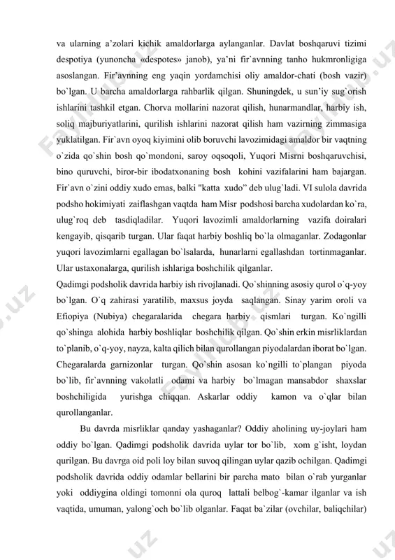 staqilligi tugatildi. nomarxlar fir`avnga qaram bo`lib, bir nomdan ikkinchisiga almashtirib turiladigan oliy amaldorlarga aylantirildilar. davlat boshqaruvi uch bo`g`indan iborat bo`lgan: markaziy, viloyat (nom), mahalliy (qishloq-jamoa). nomlar boshqaruvi markaziy boshqaruvni kichikroq ko`rinishidagi nusxasi bo`lgan. ko`p hollarda nomarxlar separatizmi mavjud bo`lgan. «jad-jad», «kanbet» atamalari jamoa kengashlari nomini bildirib, ular mahalliy sug`orish tizimini kuzatish bilan birga, jamoada sud ishlarini ham amalga oshirganlar. oila huquqi, jamoa kengashlari va yuqori hokimiyatga bo`ysundirilgan va ularning a’zolari kichik amaldorlarga aylanganlar. davlat boshqaruvi tizimi despotiya (yunoncha «despotes» janob), ya’ni fir`avnning tanho hukmronligiga asoslangan. fir’avnning eng yaqin yordamchisi oliy amaldor-chati (bosh vazir) bo`lgan. u barcha amaldorlarga rahbarlik qilgan. shuningdek, u sun’iy sug`orish ishlarini tashkil etgan. chorva mollarini nazorat qilish, hunarmandlar, harbiy ish, soliq majburiyatlarini, qurilish ishlarini nazorat qilish ham vazirning zimmasiga yuklatilgan. fir`avn oyoq kiyimini olib boruvchi lavozimidagi amaldor bir vaqtning o`zida qo`shin bosh qo`mondoni, saroy oqsoqoli, yuqori misrni boshqaruvchisi, bino quruvchi, biror-bir ibodatxonaning bosh kohini vazifalarini ham bajargan. …