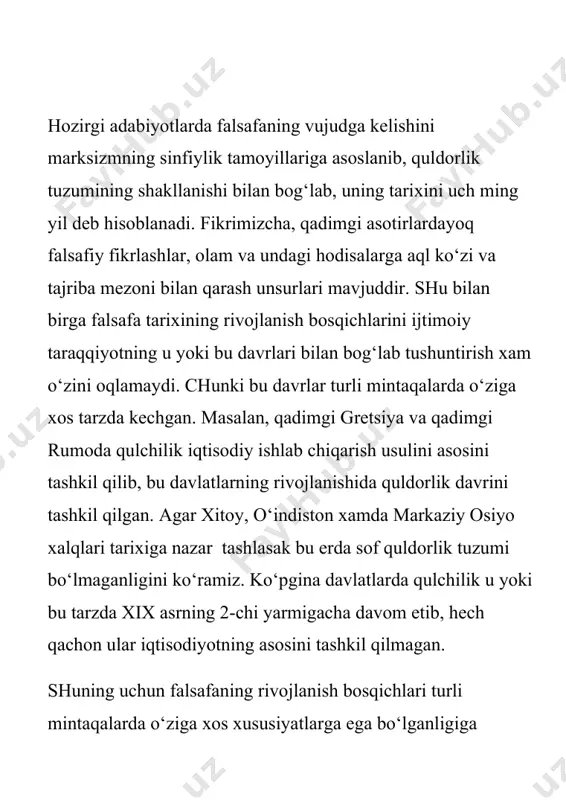 gik tafakkurning parchalanish davrini olish mumkin. falsafiy fikr rivojlanishiga yondashuvning o‘ziga xos xususiyatlaridan yana biri – bu, jahon tarixiy–falsafiy jarayonlarni turli–tumanligini toraytirib qo‘yadigan evropotsentrizm qarashlaridir. bu qarashlarni g‘ayriilmiyligini ko‘rsatish bilan sharq bilan bog‘liq jihatini tahlil etganda ham osiyosentrizm g‘oyalari ta’siriga tushmaslik kerak. bu o‘rinda g‘arb va sharq tarixiy–falsafiy jarayonlarini davrlarga ajratish tamoyillariga e’tibor qaratish bilan birga g‘arb va sharq falsafasidagi an’analarning o‘zaro munosabatini ham tahlil qilish lozim. sharqning o‘ziga xosligi, unga munosib bo‘lgan madaniy taraqqiyot jahon sivilizatsiyasining beshigi, dunyo xalqlari rivojiga qo‘shilgan munosib hissa ekani ham sir emas. bu hol jahonning barcha xolis mutaxassis olimlari tomonidan e’tirof etiladi. qolaversa, vatanimiz sivilizatsiyasining sharq sivilizatsiyasining quchog‘ida voyaga etgani va uning qadriyatlarini o‘zida aks ettirganini, unga va butun dunyo madaniyatiga ulkan ta’sir ko‘rsatganini doimo esda tutish darkor. falsafiy g‘oyalar muayyan ijtimoiy sharoitlar ta’sirida, ma’lum tarixiy–madaniy manbalar asosida shakllanadi. odamlar million yillar davomida oila-oila, gala-gala bo‘lib yashashdan bundan 50-40 ming yillar muqaddam kromonon tipidagi …