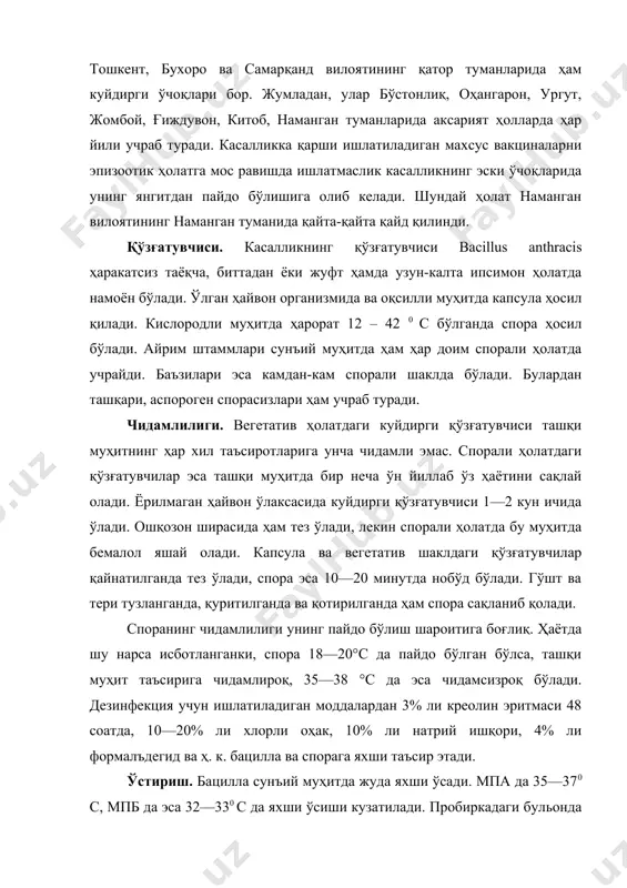 да ишлатмаслик касалликнинг эски ўчоқларида унинг янгитдан пайдо бўлишига олиб келади. шундай ҳолат наманган вилоятининг наманган туманида қайта-қайта қайд қилинди. қўзғатувчиси. касалликнинг қўзғатувчиси bacillus anthracis ҳаракатсиз таёқча, биттадан ёки жуфт ҳамда узун-калта ипсимон ҳолатда намоён бўлади. ўлган ҳайвон организмида ва оқсилли муҳитда капсула ҳосил қилади. кислородли муҳитда ҳарорат 12 – 42 0 с бўлганда спора ҳосил бўлади. айрим штаммлари сунъий муҳитда ҳам ҳар доим спорали ҳолатда учрайди. баъзилари эса камдан-кам спорали шаклда бўлади. булардан ташқари, аспороген спорасизлари ҳам учраб туради. чидамлилиги. вегетатив ҳолатдаги куйдирги қўзғатувчиси ташқи муҳитнинг ҳар хил таъсиротларига унча чидамли эмас. спорали ҳолатдаги қўзғатувчилар эса ташқи муҳитда бир неча ўн йиллаб ўз ҳаётини сақлай олади. ёрилмаган ҳайвон ўлаксасида куйдирги қўзғатувчиси 1—2 кун ичида ўлади. ошқозон ширасида ҳам тез ўлади, лекин спорали ҳолатда бу муҳитда бемалол яшай олади. капсула ва вегетатив шаклдаги қўзғатувчилар қайнатилганда тез ўлади, спора эса 10—20 минутда нобўд бўлади. гўшт ва тери тузланганда, қуритилганда ва қотирилганда …