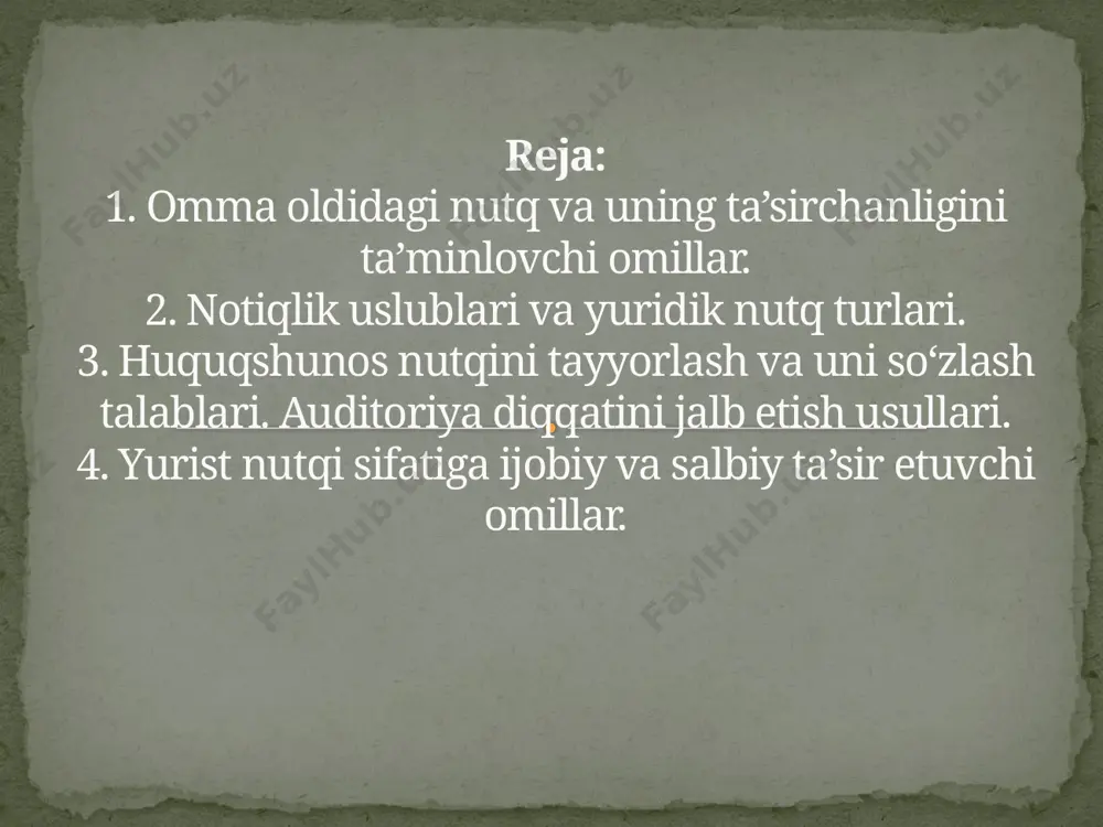zlik mahorati orqali fikr yetkazish san’atini egallashni davrning o‘zi talab qilmoqda. notiqlik, ya’ni mazmunli va chiroyli so‘zlash san’atining kelib chiqishi qadimgi yunoniston bilan bog‘liq. qadimgi yunonlar chiroyli nutq so‘zlashni san’at deb baholab, uning mohiyatini izohlab berganlar. ular notiqning uchta vazifasi bor, deb hisoblashgan: biror narsani tushuntirish; ma’lum bir tafakkurga, xulosaga, ayniqsa, harakatga undash; tinglovchilarda qoniqish hosil qilish. tinglovchilarda muayyan fikr, hissiyot (masalan, adolatparvarlik, qonunga itoatkorlik, jinoyatchilik va poraxo‘rlikka nafrat) uyg‘otish huquqshunos notiqning asosiy vazifalaridan hisoblanadi. inson hayoti davomida juda ko‘p nutq va ma’ruzalar tinglaydi. ulardan o‘zi uchun zarur bilim va axborot oladi. bu, albatta, notiq va uning nutqi sifatiga bog‘liq. yuristlar nutqi ham o‘ziga xos malaka, og‘zaki nutq shakllarini egallashni talab qiladi. rus notig‘i a.f.koninning fikriga ko‘ra, “so‘zamollik” va notiqlik bir xil tushuncha emas. oddiy “so‘zamollik”dan farq qilaroq, notiqlik san’ati savodli, ishonarli, mantiqan fikrlashda namoyon bo‘lib, bu darajaga inson ko‘p izlanishlar, bilim va tajribalar asosida erishadi. notiqlik uslublari va yuridik …