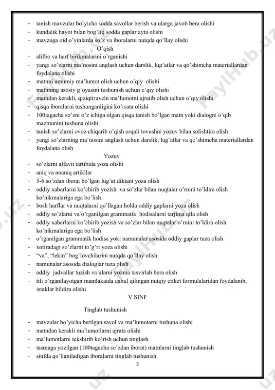 vchi ma’lumotni matndan ajratib olish uchun tinglash; -ma’lumotlarni tekshirib ko’rish uchun tinglash; -o’rta tezlikka yaqin bo’lgan va ovozga tabiiy shovqin berilgan so’zlardan iborat matnlarni tinglab tushunish malakasini egallash; -berilgan ma’lumotlarni tekshirib ko’rish uchun tinglab tushunish gapirish -dialogik va monologik nutqlarda ishtirok eta olish; -turli holat, guruh va juftliklarda kommunikativ vazifalarni bajarishda fikrlar almasha olish; -bahs-munozara yurita olish; -voqea-hodisalarni gapirib bera olish; -o’tgan va kelasi zamondagi voqea-hodisalarni fikrlab gapirish o’qish -ikki tilli yoki darslik oxirida beriladigan lug’atlardan foydalana olish; -taxminan 200ta so’zdan iborat tasviriy xarakterdagi hikoyalarni, yozma materiallarni o’qib, mazmunini tushuna olish; -soddalashtirilgan va mustaqil o’qishga mo’ljallangan materiallarni o’qish; -grafik va jadvallarni o’qib, ma’lumotlarni ajrata olish; -matnning asosiy g’oyasini tushunish uchun o’qiy olish; -matnni umumiy ma’lumot olish uchun o’qiy olish yozuv -o’zi to’g’risida ma’lumot, his-tuy’gu va fikrlarni ifoda qilish uchun o’zaro bog’langan gaplarni yoza olish; -o’qigan va tinglagan matnlari asosida ma’lum bir vazifani yozma bajara olish; -o’rganilgan grammatik hodisa yoki namumalar …