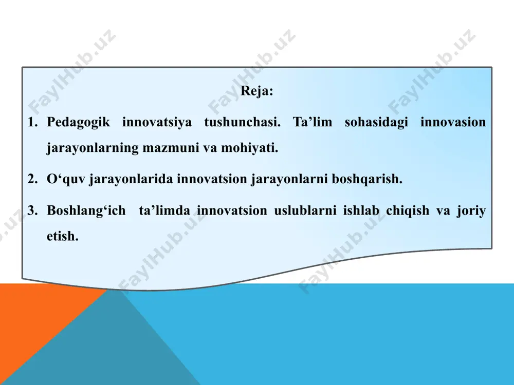 malakasiga, pedagogik mahoratiga bog‘liq. pedagog kadrlar tayyorlash tizimining vazifasi ana shunday ehtiyojni dolzarblashtirish, uslubiy kompetentsiyani shakllantirishdan iborat. eng yangi innovatsion texnologiyalardan foydalanish an’anaviy usullar bilan hal qilish qiyin yoki imkonsiz bo‘lgan pedagogik va uslubiy muammolarni hal qilishga yordam beradi. shu bilan birga, tarixiy fanlarni o‘qitish metodikasida an’anaviy ta’lim tizimini yo‘q qilish va ijobiy natijalarni yo‘qotishga yo‘l qo‘ymaslik lozimligini hisobga olish kerak. innovatsion va an'anaviy o'qitish usullari yagona ta'lim muhitining bir qismi sifatida bir-birini uyg'un ravishda to'ldirishi kerak . ta’limda pedagogik texnologiyalarga asoslanish va innovatsiyaga intilish, o’quvchilarni faollashtirishga qaratilgan turli interaktiv metodlardan foydalanish ta’lim maqsadini samarali amalga oshirishga ko’maklashadi barkamol avlod ta’lim-tarbiyasi ilk maktab yoshidan boshlanganda ijobiy natija berishini barchamiz yaxshi bilamiz. chunki boshlang‘ich sinf bamisoli poydevor, poydevori mustahkam bino esa pishiq va samaralidir. har bir dars jarayonida mashg‘ulotni qiziqarli va mazmunli tashkil eta olish, o‘quvchilar diqqatini jamlay olishda aktdan foydalanish samarali natija bermoqda. o‘quvchilarda uzluksiz o‘z ustida mustaqil ishlash imkoniyati …