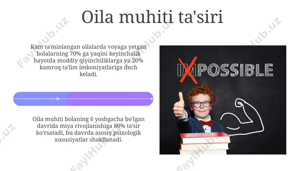 60% ni belgilaydi, bu esa ta'limdan ham muhimroqdir. kelajak uchun tayyorgarlik "kelajak uchun tayyorgarlik"da bolaning 5 yoshgacha bo'lgan davrida miya rivojlanishining 80% shakllanishi ta'kidlanib, erta tarbiyaning ahamiyati, ijtimoiy-emotsional ko'nikmalarni rivojlantirishga qaratilgan. o'quv dasturlari bilan bir qatorda, "kelajak uchun tayyorgarlik" oilaviy muhitning, 3 ta asosiy omil: muhabbat, qo'llab-quvvatlash va xavfsizlikning bolaning kelajakdagi muvaffaqiyatiga ta'sirini 1:3 nisbatida ta'kidlaydi. muloqot madaniyati muloqot madaniyatining rivojlanishi, bolalik davrida olingan tarbiya va oilaviy muhitga 70% bog'liq bo'lib, qolgan qismi ta'lim muassasalarida olinadigan bilim va ko'nikmalarga to'g'ri keladi. effektiv muloqot ko'nikmalarini egallagan shaxslar, o'z tengdoshlariga nisbatan 2 baravar ko'p ish imkoniyatlariga ega bo'lib, ijtimoiy hayotda ancha yuqori mavqega ega bo'lishadi. e'tiboringiz uchun rahmat @taqdimot_robot image4.jpg image5.jpg image6.jpg image7.jpg image8.jpg image9.jpg image10.jpg image11.jpg image12.jpg image13.jpg image14.jpg image15.jpg image16.jpg image17.jpg image18.jpg image19.jpg image20.jpg image1.jpeg image2.jpeg image3.jpeg