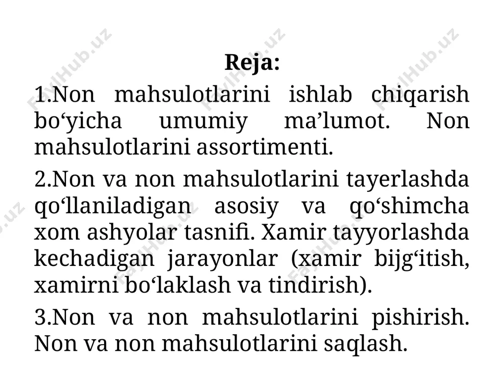 sanoati mahsulotlarning assortimentiga turli ko‘rinish va navdagi non-bulka, suxariki, shafobaxsh xamda parxez milliy non mahsulotlari kiradi. sanab o‘tilgan bu mahsulotlar yuzlab nomlarga ega bo‘lib bir biridan uning navi, shakli va pishirish usullari bilan farqlanadi. non mahsulotlari turli navlardagi javdar va bug‘doy unlaridan tayyorlanadi. non mahsulotlariga og‘irligi 0,5kg va undan yuqori bo‘lgan mahsulotlar kiritiladi. non maxsus qoliplarda va pechning listlarida pishiriladi. ularning retsepturasi oddiy bo‘lib, unga un, suv, tuz va xamirturush kiradi. ayrim non turlariga kam miqdorda shakar, yog‘, solod, patoka va xushbo‘ylantiruvchi moddolar qo‘shiladi. bulka mahsulotlariga og‘irligi 0,05-0,5 kg bo‘lgan mahsulotlar kiritiladi. ularning retsepturasiga asosiy xom ashyolardan tashqari shakar, yog‘ va boshqa ashyolar kiradi. non asosiy oziqa mahsuloti hisoblanadi. non-asosan uglevodli oziqadir, unda zarur bo‘lgan optimal nisbat (4:1) talabiga javob bermaydi. nonning oziqaviylik qimmati uning kaloriyasi, xazm bo‘lishi, oqsil, vitamin va mineral moddalarning miqdori va tarkibi bilan baholanadi. non tarkibidagi oziqa moddalar inson organizmi tomonidan butunlay barchasi xazm bo‘lmaydi. nonni …