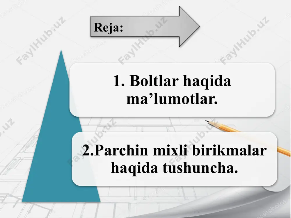 . ta’sir etuvchi kuchlar yo‘nalishiga qarab boltli birikmalar birlashtirilgan elementlar sirti bo‘yicha qirqilishga, yon sirti bo‘yicha ezilishga va bolt bo‘ylab yo‘nalgan kuch ta’siridan cho‘zilishga ishlaydi. boltli birikmalar birinchi gurux chegaraviy holatlar bo‘yicha mustahkamlikka quyidagicha hisoblanadi (bitta bolt uchun): qirqilishga: cho‘zilishga ezilishga bu yerda: rвс, rвр, rвz- mos xolda boltning qirqilishga, ezilishga va cho‘zilishga hisobiy qarshiligi; a-boltning hisobiy kesim yuzasi, aвn- boltning netto kesim yuzasi; ns- boltdagi qirqilish yuzalari soni; в- birikmaning ish sharoiti koeffitsienti; tmin-bir yo‘nalishda ezilayotgan elementlar qalinliklarining minimal yig’indisi. amalda yakka boltli birikmalar kam uchraydi, shuning uchun boltli birikmalarni hisoblashda birikmadagi boltlar sonini aniqlash masalasi yechiladi. birikmadagi boltlar sonini quyidagi formulalardan aniqlash tavsiya etiladi: qirqilish bo‘yicha: n>4nв/nsd2rвs ezilish bo‘yicha n>nв/dtminrврв cho‘zilish bo‘yicha n>nв/авпrвt yuqori mustahkam boltlar kam deformatsiyalananuvchan birikmalarda ishlatiladi va o‘zaro tutashgan sirtlar erkin siljish imkoniyatiga ega bo‘ladi. shunday holatda sirtlar orqali ishqalanish kuchini uzatish imkoniyati mavjud bo‘lib, har bir sirtda hosil bo‘ladigan siljituvchi kuch quyidagi formuladan …
