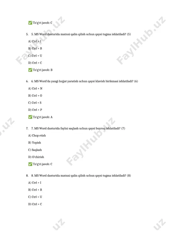 ctrl + u d) ctrl + c ✅ to‘g‘ri javob: b 15. ms word’da yangi hujjat yaratish uchun qaysi klavish birikmasi ishlatiladi? (15) a) ctrl + n b) ctrl + o c) ctrl + s d) ctrl + p ✅ to‘g‘ri javob: a 16. ms word dasturida faylni saqlash uchun qaysi buyruq ishlatiladi? (16) a) chop etish b) yopish c) saqlash d) o‘chirish ✅ to‘g‘ri javob: c 17. ms word dasturida matnni qalin qilish uchun qaysi tugma ishlatiladi? (17) a) ctrl + i b) ctrl + b c) ctrl + u d) ctrl + c ✅ to‘g‘ri javob: b 18. ms word’da yangi hujjat yaratish uchun qaysi klavish birikmasi ishlatiladi? (18) a) ctrl + n b) ctrl + o c) ctrl + s d) ctrl + p ✅ to‘g‘ri javob: a 19. ms word dasturida faylni saqlash uchun qaysi buyruq ishlatiladi? (19) a) chop etish b) yopish c) saqlash d) …