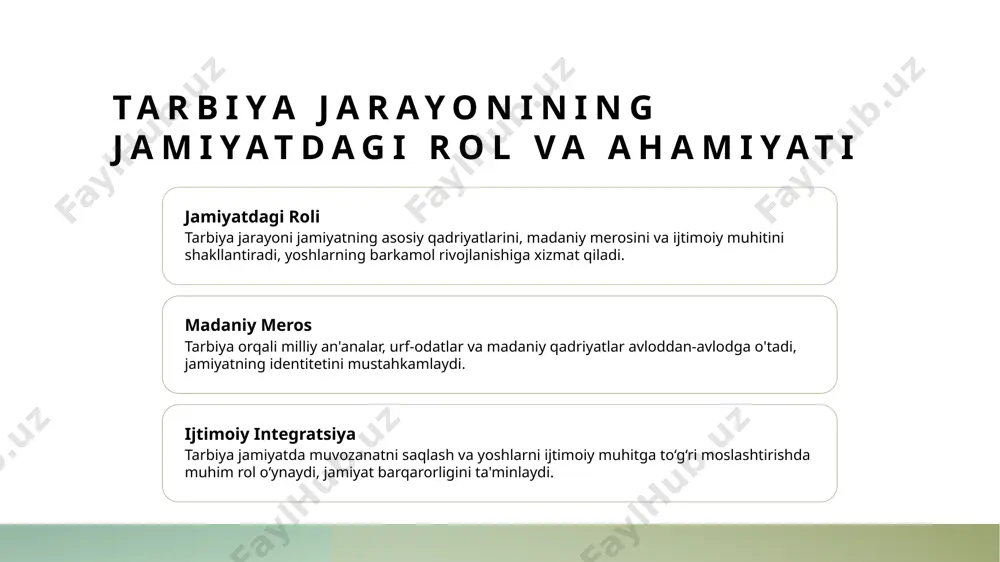 lar va texnologiyalar ta'lim sifatini oshiradi, o‘quvchilarning bilim darajasini kengaytiradi va zamonaviy jamiyatda muvaffaqiyatga erishishlariga yordam beradi. zamonaviy texnologiyalar yordamida tarbiya jarayonini optimallashtirish metodlari. 1 innovatsion texnologiyalar zamonaviy texnologiyalar tarbiya jarayonini samarali qilish uchun yangi metodlar va vositalarni taqdim etadi, o‘qitish jarayonini interaktiv va qiziqarli qiladi. 2 onlayn platformalar onlayn ta’lim platformalari yordamida o‘quvchilar va o‘qituvchilar o‘rtasida real vaqtda muloqot o‘rnatiladi, ta’lim jarayoni kengroq va qulay bo‘ladi. 3 mobil ilovalar mobil ilovalar yordamida o‘quvchilarning individual ehtiyojlariga moslashtirilgan mavzularni o‘rganish, bilimlarni mustahkamlash imkoniyati yaratiladi. 4 sun’iy intellekt sun’iy intellekt texnologiyalari yordamida shaxsiylashtirilgan o‘quv rejalarini ishlab chiqish va baholash jarayonlarini avtomatlashtirish mumkin. tarbiya jarayonida pedagogik texnologiyalarni qo‘llashning ilmiy-asosiy tamoyillari. ilmiy asoslar pedagogik texnologiyalarni qo‘llashda ilmiy asoslar muhim bo‘lib, ularning samaradorligini baholash va rivojlantirish uchun ilmiy metodologiyalar asosida ishlash talab etiladi. pedagogik tamoyillar effektiv texnologik yondashuvlar pedagogik tamoyillarga asoslanadi, masalan, individual yondashuv, aktiv ishtirok va amaliyotga integratsiya qilish. ilmiy tajriba va sinov yangi …