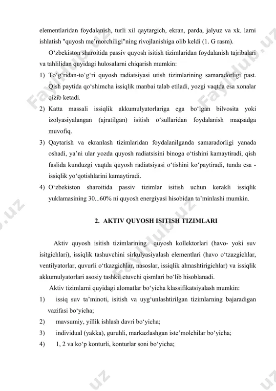 gi va uning turi bo‘yicha. quyosh issiq suv ta’minoti tizimlari tabiiy (termosifonli) yoki majburiy sirkulyasiyali 1, 2 va ko‘p konturli bo‘lishi mumkin. bunday tizimlarning asosiy elementlari quyosh kollektori-suv isitgich va bak-akkumulyator bo‘lib hisoblanadi (2.2 rasm). a b v 4 1 2 1 2 1 3 2 4 5 4 5 5 2.2- rasm. tabiiy sirkulyasiyali quyosh issiq suv ta’minoti tizimlarini sxemasi: a-bir konturli oquvchi; b va v-ikki konturli; 1-quyosh kollektori; 2-bak akkumulyator; 3-issiqlik almashtirgich; 4-issiq va 5-sovuq suv bak-akkumulyator quyosh kollektoridan balandroq o‘rnatiladi va zichliklar gradienti hisobidan suv tabiiy konveksiya ta’sirida sirkulyasiyalanadi. ikki konturli tabiiy-konveksiyali tizimlarning (2.2,b,v rasm) kamchiligi - suvning sirkulsiyalanish tezligi kichik bo‘lganligidan ularning samaradorligi past. samaradorligini oshirish uchun esa majburiy sirkulyasiyadan foydalaniladi. aktiv quyosh isitish tizimlarida quyosh kollektoridagi issiqlik avall issiqlik akkumulyatoriga so‘ngra xonaga uzatiladi va shu davrda quyosh issiqligining yutilishini, akkumulyasiyalanishini va taksimlanishini rostlash talab etiladi. suvli isitish tizimlarining bak-akkumulyatoriga ega bo‘lgan ikki konturli tizimlari eng …