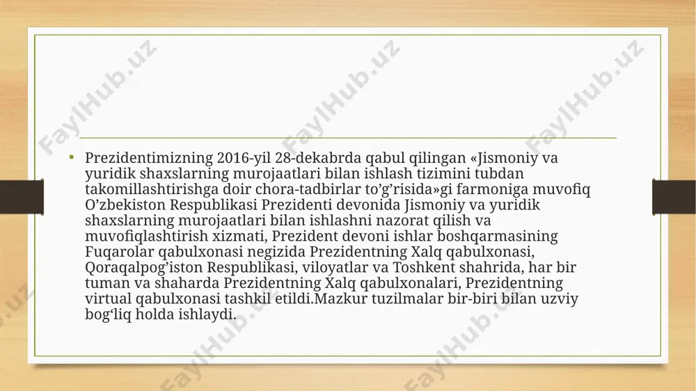 ati tanqid qilinadi. vaholonki, murojaatlarning katta qismini o'z vaqtida tezkorlik bilan hal etish mumkinligi kundek ravshan. statistik ma`lumotlarga ko'ra, -shikoyatlarning 70 foizga yaqini bevosita mahalliy davlat hokimiyati va boshqaruvi organlari vakolatiga kiradigan masalalardir. yurtdoshlarimizning murojaatlari ayni paytda butun boshli sohalarda haqiqiy ahvolni ko'rsatadigan indikator, jamiyat kayfiyatini o'rganish barometri, tahlil, asosiy dasturilamal hujjatlar uchun noyob material hamdir. masalan, sudlar va sudyalar faoliyati bo'yicha qabulxonalarga kelib tushgan ko'p sonli murojaatlar natijasida tizimda tub o'zgarishlarga qo’l urildi. bunday yangilanishlarni sog'liqni saqlash, ichki ishlar organlari, uy-joy kommunal xo'jalik faoliyatida ham kuzatish mumkin. virtual hamda xalq qabulxonalariga kelib tushayotgan elektron, yozma va og'zaki murojaatlar, taklif hamda shikoyatlarga faqatgina javob qaytarilmasdan, ularda ko'tarilgan muammolarni hal etish tizimli tahlil jarayonida umumlashtirilmoqda. 2017 yilning boshida kelib tushgan 7 mingta murojaatda fuqarolarimiz pensiya va boshqa ijtimoiy nafaqalar ularning roziligisiz plastik kartochkaga to'liq o'tkazib yuborilayotganiga e`tiroz bildirishgan. ushbu muammoning tizimli yechimi sifatida davlatimiz rahbarining «ish haqi, pensiya, nafaqa va stipendiyalarni …