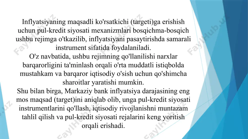 kredit siyosati bo'yicha instrumentlardan (repo va valyutaviy svop auksionlari, depozit auksionlari, hamda markaziy bank obligatsiyalarini joylashtirish bo'yicha auksionlar) keng miqyosda foydalanish; pul-kredit siyosati sohasida obyektiv qarorlar (xo'jalik yurituvchi subyektlar holatini tahlil qilish: uy xo'jaliklari sohasi, tadbirkorlik sohasi, davlat boshqaruvi sohasi va tashqi dunyo) qabul qilish uchun batafsil makroiqtisodiy tahlil qilish hamda ichki va tashqi bozorlarda mavjud bo'lgan ochiq ma'lumotlarni hisobga olgan holda prognozlash; pul-kredit siyosati maqsadlari (narxlar barqarorligi, kreditlarning ommabopligi, past darajadagi inflyatsiya, aholining milliy valyutaga bo'lgan ishonchini oshirish va hokazo)ni keng jamoatchilikka yetkazish uchun kommunikatsiyaviy siyosatni takomillashtirish, makroiqtisodiy holatni prognoz qilish imkoniyatini ta'minlash hamda bozor ishtirokchilari ishonchini shakllantirish. inflyatsion targetlash rejimi sharoitlarida pul-kredit siyosatining qanday instrumentlari qo'llaniladi? inflyatsion targetlash rejimida inflyatsiya darajasini ushlab turish uchun pul-kredit siyosatining asosiy instrumentlaridan biri bo'lib, markaziy bank tomonidan belgilanadigan asosiy stavka hisoblanadi. markaziy bank asosiy stavkani o'zgartirish orqali tijorat banklari tomonidan omonat va kreditlar bo'yicha taklif etiladigan foiz stavkalariga ta'sir ko'rsatishi mumkin. bu …
