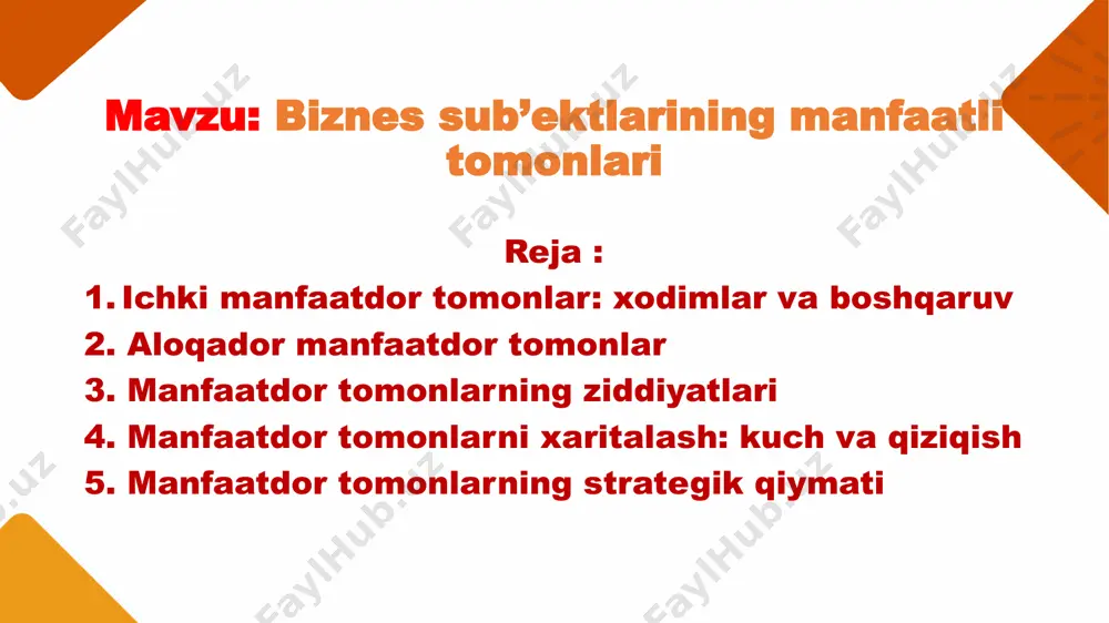 n bo'lgan individual manfaatlar va maqsadlarga ega. tegishli manfaatdor tomon manfaatlarni himoya qilish xavf daromadlilik, rentabellik koeffitsienti, bozor kapitali, dividendlar va rentabellik bilan o'lchanadigan aktsiyadorlar daromadini oshirish. aksiyadorlar (korporativ strategiya) aktsiyalarni sotish yoki boshqaruvni tark etish moliyalashtiruvchilar (pul oqimlari) -kredit berishni rad etish -yuqori foiz stavkalari -kredit kafolati -kredit shartnomalariga rioya qilish -foydali sotish -tovarlar uchun to'lov -uzoq muddatli munosabatlar yetkazib beruvchilar (sotib olish strategiyasi) -kreditga berishni rad etish -yuridik harakat -o'zaro munosabatlarni tiklash mijozlar (tovar bozori strategiyasi) boshqa joydan sotib olish -va'da qilinganidek mahsulotlar -kelajakdagi imtiyozlar agar boshqaruv faoliyati aktsiyadorlar manfaatlariga asoslanib baholansa va mukofotlansa, aktsiyadorlar bundan mamnun bo'ladilar, chunki menejerlar aktsiya bahosining uzoq muddatli o'sishiga hissa qo'shishi mumkin. tashkilotlar boshqa manfaatdorlar bilan shartnoma munosabatlari mavjudligini aniqlash uchun ham tahlil qilinishi mumkin. bunday munosabatlarga ega bo'lgan manfaatdor tomonlar ya’ni o’zaro shartnomaga ega manfaatdorlar birlamchi manfaatdor tomonlar deb ataladi va bunday aloqalarga ega bo'lmaganlar ikkinchi darajali manfaatdor tomonlar deb ataladi. …