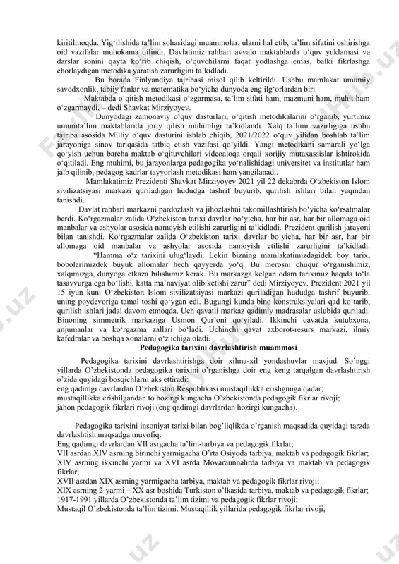 to hozirgi kunda ham ko’zga tashlanadi. urug’chilik jamoasi bosqichida esa bolalar mehnatining ko’lami kengayib, kasb-hunar faoliyatining turlari ko‘payib boradi. tajribali kishilar bolalarni tarbiyalash bilan birga ularni yozishga ham o‘rgata boshlaydilar. asta-sekin harbiy tarbiyaning boshlang’ich ko‘rinishlari yuzaga kela boshlaydi. bolalarga harbiy san’at sirlarini o‘rgatish ancha murakkab ish bo’lib, ushbu tarbiyani tashkil etish maxsus bilim hamda tayyorgarlikka ega bo‘lishni taqozo etar edi. shu bois maxsus harbiy bilim va tayyorgarlikka ega bo’lgan kishilar bolalarga bu boradagi bilimlarni berish jarayoniga jalb etila boshladilar. jamiyatning ijtimoiy jihatdan taraqqiy eta borishi bolalarga dalalarni o’lchash, suv toshqinlarining oldini olish, kishilarni turli kasalliklardan davolash usullariga oid bilimlarni berishga bo’lgan ehtiyojni yuzaga keltirdi. mazkur ehtiyojni qondirish yo‘lidagi harakatning tashkil etilishi natijasida turli maktablar faoliyat yurita boshladi. maktablarda asosiy e’tibor bolalarga og’zaki bilimlar berish bilan birga ularda yozuv ko’nikmalarining shakllantirilishiga qaratildi. dastlab suratkashlik rivojlanib, piktografik xat paydo bo’lgan bo’lsa, keyinchalik qo‘shni mamlakatlardan kirib kelgan harflar yordamida yozish usuli paydo bo‘ladi …