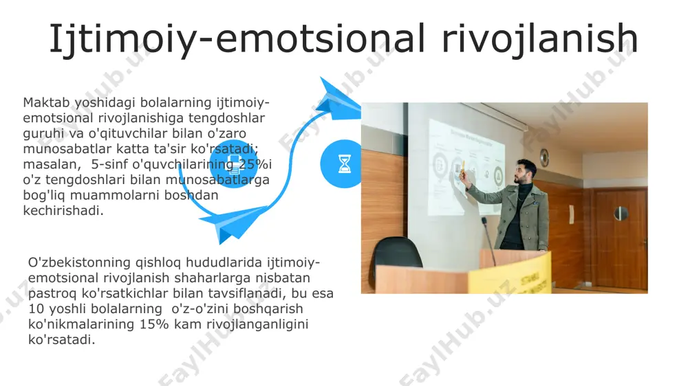kini cheklab, ta'lim samaradorligini pasaytirishi mumkin. xotira va uning turlari long-term memory (uzun muddatli xotira)ning ikkita asosiy turi - deklarativ (bilishga asoslangan) va prosedural (ko'nikmalarga asoslangan) xotiralar, masalan, velosiped haydash prosedural, kapital shaharlarni bilish esa deklarativ xotiraga misol bo'la oladi. millerning sehrli raqami (7 ± 2) qisqa muddatli xotiraning cheklangan sig'imini ko'rsatadi; ya'ni odamlar bir vaqtning o'zida 5 dan 9 gacha ma'lumot birligini eslab qolishlari mumkin, bu esa o'qitish usullarini tanlashda hisobga olinishi lozim. amerika psixologi jeyms brunerning kashfiyotli o'rganish nazariyasi fikrlash va muammo yechishda o'quvchilarning faol ishtirokini ta'kidlaydi. bu moskva shahridagi ta'lim tizimlarida keng qo'llaniladi. eksperimentlar shuni ko'rsatdiki, 7 yoshli bolalar 5 ta ob'ektni ketma-ketlikda joylashtirish vazifasini 30% hollarda, 10 yoshli bolalar esa 80% hollarda muvaffaqiyatli hal qiladilar. bu yosh bilan bog'liq kognitiv o'sishni namoyish etadi. fikrlash va muammo yechish ta’limda texnologiyalardan foydalanish 2023-yil ma'lumotlariga ko'ra, toshkent shahridagi maktablarda 80% o'qituvchilar onlayn ta'lim platformalaridan, jumladan, google classroom va zoom …
