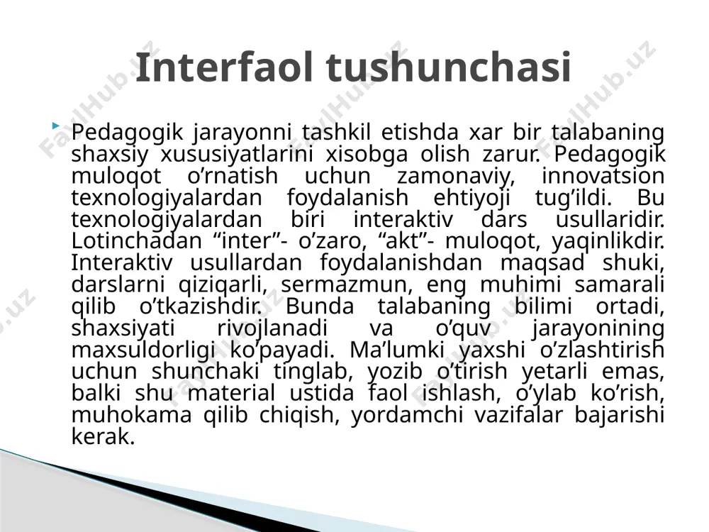 ’rtasiga surib qo’yadi. javobni bilmaydigan talaba qog’ozni keyingisiga uzatib ruchkani o’zida olib qoladi. javob variantlari yozilgan qog’oz o’qituvchiga beriladi va birgalikda muhokama qilinadi. bu metodda o’qituvchi mashg’ulotga kim tayyor, kim tayyor emasligini ko’rib turadi. masalan: tarbiya usullarini belgilab bering. yoki temperament turlari va ularning asosiy xususiyatlarini ko’rsating. “ruchka stol o’rtasida” metodi. kichik guruhlarga 1 ta muammo taklif etiladi. har 1 guruh 10 min davomida o’z fikrlarini yozadida, javob yozilgan varaqlarni 2 chi guruh bilan almashtiradi. keyingi guruh oldingi guruhning javoblarini baholashi va javob to’liq bo’lmasa, o’z javobi bilan tuldirishi kerak. masalan: kadrlar tayyorlash milliy dasturi va uning bosqichlari. javoblar yozib bo’lingach, varaqlar doskaga osib qo’yiladi va birgalikda muhokama qilinadi. “galereyani aylanish” metodi. guruh 2 komandaga bo’linadi, har biriga vaziyatga oid topshiriq beriladi, masalan: “pedagog - talaba muloqoti”. bunda 1chi guruh muloqotning salbiy tomonlarini tahlil qiladi - ya’ni “prokurorlar”. 2 chi gurux vaziyatning ijobiy tomonlarini izohlab beradi. vaziyatga oid topshiriq yoki …