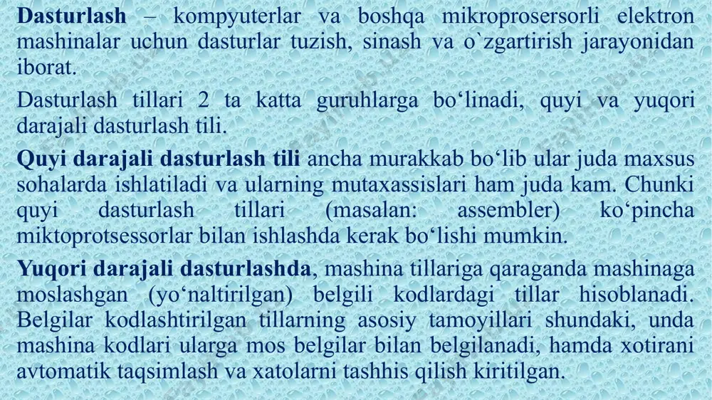uzatiladi, agar dastur matnida xatoliklar mavjud bo‘lmasa, komilyator “.obj” kengaytmali obyekt modul faylini hosil qiladi. oxirgi bosqichda komponovka (yig‘uvchi) yordamida “.exe” kengaytmali bajariluvchi fayl – dastur hosil qilinadi. bosqichlarda yaratiladigan fayllarning nomi dastur matni yozilgan fayl nomi bilan bir hil bo‘ladi. izohlar dastur matni uni tahlil qilayotgan dasturchiga tushunarli bo‘lishi uchun izohlar ishlatiladi. ular kompilyator tomonidan “o‘tkazib yuboriladi” va dasturning bajarilishiga xech qanday ta’sir qilmaydi. c++ tilida izohlar ikki hil ko‘rinishga ega. birinchi ko‘rinishi “/*” belgisidan boshlanib, “*/” belgisi bilan yakunlanadi. ikkinchi ko‘rinishi “//” belgisidan iborat bo‘lib, bitta qatorni o‘z ichiga oladi. quyidagi kodlar c++ dasturlash tilida istalgan dastur tuzish uchun umumiy hisoblanadi. c++ tili alfaviti va leksemalari. c++ dasturlar tili alfaviti va leksemalariga quyidagilar kiradi: •katta va kichik lotin alfaviti harflari; •raqamlar – 0, 1, 2, 3, 4, 5, 6, 7, 8, 9; •maxsus belgilar – { } | [ ] ( ) + - / % \ ; …