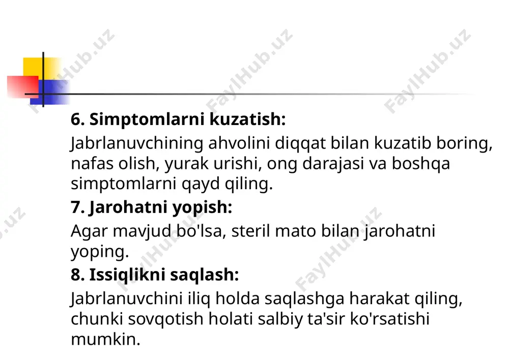 ng chuqur komasi, gepertermiya, pay tortishi, patalogik nafas, kuzni kurmasligi,uzak va pay refleksi,yutishni buzulishi: bosh jarohati nima? bosh jarohati - bu sizning miya, bosh suyagi yoki bosh terisining har qanday shikastlanishi. bu engil zarba yoki ko'karishdan tortib to shikastlanadigan miya shikastlanishigacha bo'lishi mumkin. boshning keng tarqalgan jarohatlariga miya chayqalishi, bosh suyagi sinishi va bosh terisi jarohatlari kiradi. boshingiz shikastlanishiga nima sabab bo'lganiga va uning qanchalik og'irligiga qarab, natijalar va davolash usullari juda xilma-xil. bosh jarohati qanday davolanadi? bosh jarohatlarini davolash jarohatning turiga va og'irligiga bog'liq. boshning engil jarohatlari bilan, ko'pincha jarohat joyida og'riqdan boshqa alomatlar bo'lmaydi. bunday hollarda sizga og'riq uchun asetaminofen (tylenol) ichish buyurilishi mumkin. ibuprofen (advil) yoki aspirin (bayer) kabi steroid bo'lmagan yallig'lanishga qarshi dorilarni (nsaid) qabul qilmaslik kerak. ular har qanday qon ketishini kuchaytirishi mumkin. agar siz ochiq kesilgan bo'lsangiz, shifokor uni yopish uchun tikuv yoki shtapellardan foydalanishi mumkin. keyin ular uni bandaj bilan qoplashadi. orqa miya, …