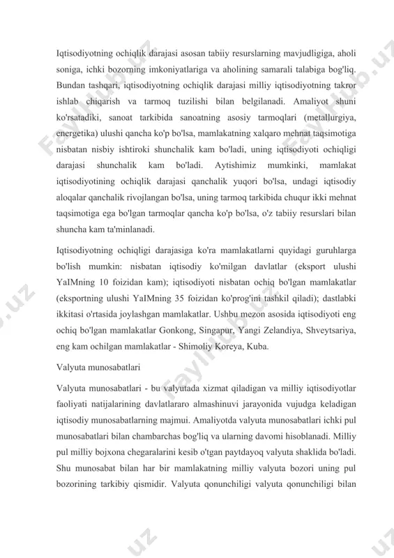 igi bilan chambarchas bog'liq va valyuta munosabatlarining rivojlanishi ko'p jihatdan ichki pul munosabatlarining rivojlanishini takrorlaydi.[endnoteref:1] [1: ] mamlakatning valyuta munosabatlarining rivojlanish darajasi iqtisodiyotning holati va uning jahon iqtisodiyotiga qo'shilish darajasiga bog'liq. mamlakatda tashqi savdo, uning kredit, investitsiya va tashqi dunyo bilan boshqa aloqalari qanchalik rivojlangan bo'lsa, uning valyuta munosabatlari shunchalik kengdir. aksincha, valyuta munosabatlarining yuqori darajada rivojlanishi milliy iqtisodiyot dinamikasiga, uning tashqi dunyo bilan aloqalarini mustahkamlashga ijobiy ta'sir ko'rsatadi. valyuta munosabatlarining ishtirokchilari quyidagilar bo'lishi mumkin: hukumatlar va ularning alohida tuzilmalari, markaziy, tijorat va boshqa banklar, yuridik va jismoniy shaxslar, shuningdek turli xil xalqaro tashkilotlar, shu jumladan xvf, ibrd, ebrd va boshqa xalqaro moliya institutlari. valyuta munosabatlari turli yo'llar bilan namoyon bo'lishi mumkin, shu jumladan: (1) tashqi savdo operatsiyalari bo'yicha xalqaro hisob-kitoblar, (2) ichki va tashqi valyuta bozorlarida valyutani sotib olish va sotish bo'yicha operatsiyalar, (3) davlatning bojxona chegarasi orqali valyutani o'tkazish iqtisodiy va texnik yordam, (4) tashqi investitsiyalarni amalga oshirish, …