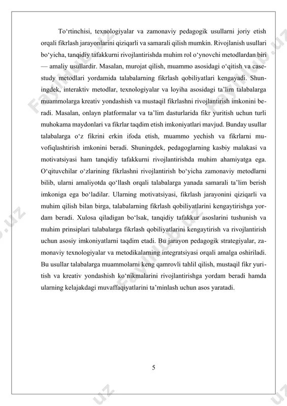 ish va fikrni asoslash ko'nikmalarini rivojlantiradi. pbl usuli yordamida talaba muammoli vaziyatda kreativlik va analitik fikrlash qobiliyatlarini oshiradi. uchinchi usul - case-study metodlari. bu usul talabalarga real yoki fikrga asoslangan holatlarni tahlil qilish imkonini yaratadi. talaba har bir holatni chuqur o'rganib, muammolarni aniqlash, tahlil qilish va qarorlar qabul qilish uchun fikrlash jarayonini boshqaradi. case-study metodlari muhim bo'lib, ular talabalarga real hayotdagi vaziyatlarda tanqidiy fikrlashni amaliyotga tatbiq etishga yordam beradi. fikrlash mashqlari ham tanqidiy tafakkurni rivojlantirishda keng qo'llaniladi. bu mashqlar talabalarga savol berish, fikrni asoslash, qaror qabul qilish va fikrlarni muvofiqlashtirish ko'nikmalarini shakllantirishga yordam beradi. masalan, "fikirlarni muvofiqlashtirish" mashqlari talabalarga fikrlarni turli nuqtai nazardan ko'rishni o'rgatadi va muvofiqlashtirilgan fikr yuritishni rivojlantiradi. shuningdek, zamonaviy texnologiyalar va interaktiv metodlar tanqidiy tafakkurni rivojlantirishda muhim vositalardir. talabalar uchun onlayn platformalar, ta'lim dasturlari va mobil ilovalar yordamida fikrlash mashqlari, munozaralar va loyihalar o'tkaziladi. masalan, intellektual o'yinlar va simulyatsiyalar muammolarga kreativ yondashishni va tahliliy fikrlashni kuchaytiradi. bu …