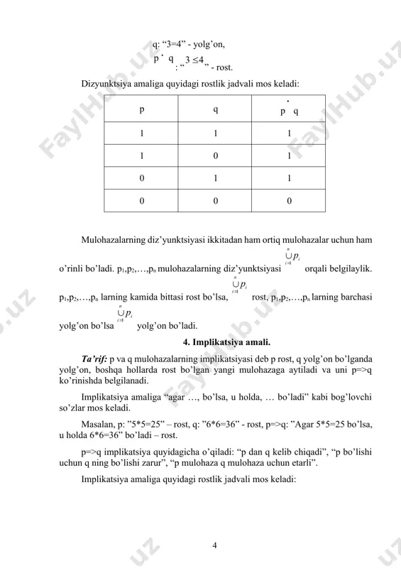 abat 1. –refleksivlik. 2. agar bo’lsa, u holda bo’ladi – simmetriklik va 3. agar va bo’lsa, u holda bo’ladi – tanzitivlik xossalariga egadir. teorema: – jumlalar algebrasining ixtiyoriy formulasi, uning qism formulasi bo’lsin. agar bo’lsa, u holda bo’ladi. isboti: bo’lgani uchun va formulalar ularda qatnashgan propozitsional o’zgaruvchilar qiymatlarining barcha naborlarida bir xil qiymatlarga erishadilar. va formulalarning qiymatlari yoki bo’lgani uchun yo , yoki hosil bo’ladi. bu esa ekanini ko’rsatadi. teorema: , lar va formulalarning har birida qatnashgan barcha propozitsional o’zgaruvchilar, lar esa ixtiyoriy formulalar bo’lsin. u holda bo’ladi; bunda har bir propozitsional o’zgaruvchi berilgan tengkuchlilikda necha joyda qatnashgan bo’lsa, shuncha joyda mos formula bilan almashtiriladi. isbot. tengkuchlilikda qatnashgan har bir propozitisional o’zgaruvchi 1 yoki 0 qiymat qabul qiladi. formula ham o’zida qatnashgan propozitsional o’zgaruvchilar qiymatlarining barcha naborlarida 1 yoki 0 qiymat qabul qiladi. formula tarkibida qatnashgan propozitsional o’zgaruvchilar bo’lsin. bu propozitsional o’zgaruvchilar qiymatlari naborlaridan biri va formulalarning nabordagi qiymatlari nabori …
