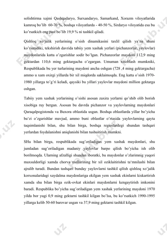 tarni tashkil kilgan bo’lsa, bu ko’rsatkich 1990-1995 yillarga kelib 50-60 barovar usgan va 37,9 ming gektarni tashkil kilgan. sug’orma dehqonchilik bilan shug’ullanadigan xo’jaliklarda asosan sut va gusht yetishtirishga ixtisoslashtirilgan karamolchilik turi rivojlangan. chorvachilik tarmog’i dehqonchilik bilan bog’liq xolda rivojlanadi. bu bog’liqlik dehqonchilikdagi almashlab ekish tizimida yetishtiriladigan yem xashak maxsulotlaridan chorvachilikda foydalanish va chorvachilik.shi olinadigan organiq o’g’itlarni dehqonchilikda kullash tarzida iamosi bo’ladi. shuning uchun xam bu ikki tarmoq bir-birini tuldirib, yer, suv va boshqa resurslardan samarali foydalanish imkonini yaratadi. 2.ozuqa bazasining chorvachilikni rivojlantirishdagi axamiyati. mustaqil ozuqa bazasining yaratilishi chorvachilikni rivojlantirishda xal kiluvchi axamiyatga egadir. ozuqa bazasi tushuichasi va uning sostavi. ozuqa bazasi deganda. ozuqalarning miqdori va sifati, ularning yetishtirish sistemalark. (jin maydonlari strukturasi va ozuqa ekinlari turlari xam kushib) xisoblanadi, shuningdek ozuqalardan foydalanishni tashkil etish tushuniladi. qishloq xo’jalik korxonalarida ozuqa bazasini ratsioial tashkil etishga katta axammyat berilmoqda. birok ko’pchilik xo’jaliklarda xali xam mollar bosh sonini o’sishi va ozuqa yetishtirish o’rtasida iomutaiosiblik …