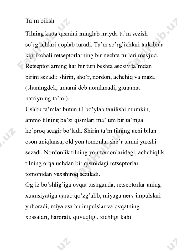 ish organizmning fiziologik holatiga bogʻliq boʻlib, ishtaha va ovqat hazm kilishga taʼsiri bor. ayrim kasalliklarda maza bilish ayniydi.[1] hid bilish — odam va hayvonlar burun boʻshligʻining yuqori qismida joylashgan maxsus sezgi aʼzolari (hid bilish retseptorlari) orqali hidlarni sezish. hayvonlarda hid bilish ovqat qidirish, yoʻl topish, aniq joyni belgilash, qaramaqarshi jinsni izlash, shuningdek, bilish vositalaridan biri hisoblanadi va h.k. odamlarda hid bilishning ahamiyati hayvonlardagiga qaraganda kamroq, biroq hid bilishning yoʻqolishi odam uchun azob hisoblanadi (qattiq tumov boʻlganda ovqatning qanchalik bemaza tuyilishini eslab koʻraylik). hid bilmaydigan odamlar koʻpincha ovqatdan zaharlanishi mumkin, chunki biror ovqatning sifatliligini hididan bila olmaydi. har bir odamda koʻpgina hissiyotlar hidni sezishga bogʻliq boʻladi. yomon hid kayfiyatni buzishi, yaxshisi koʻtarishi mumkin. hidlarni burunning shilliq pardasida joylashgan maxsus retseptorlar sezadi (qarang burun), u yerda bor-yoʻgʻi 5— 10 sm2joyda taxminan 50 mln alohida hid sezuvchi retseptorlar boʻladi. bunda har bir retseptor yuzasi nihoyatda mayda oʻsimtalar hisobiga koʻp marta ortadi. shilliq parda …
