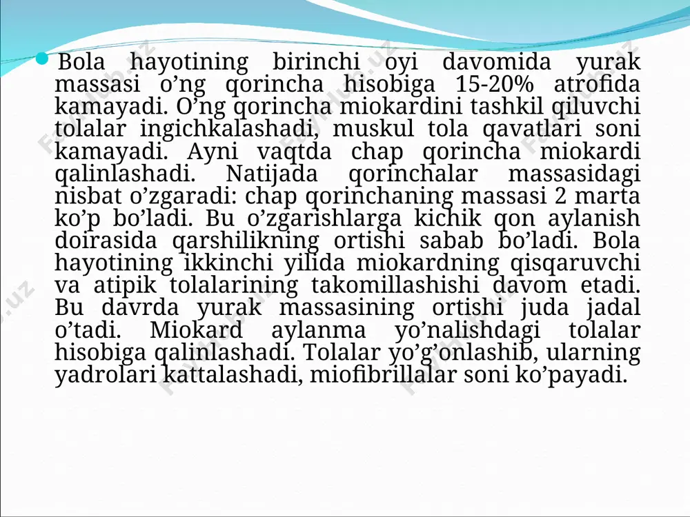 babdan, masalan, poliomiyelit natijasida falaj bo’lib qolgan bolalarda muskullar faolligi ortmasa, vagusning tonik ta’siri yuzaga chiqmaydi. bunday bolalar 8-9 yoshga to’lganida ham yurak urish chastotasi chaqaloqlar yuragining qisqarishlar chastotasiga yaqinlashadi. elektrokardiografiya elektrokardiografiya (ekg) - bu yurak faoliyati buzilishlariga oddiy va aniq tashxis qo’yish usuli ekg tashxisida maxsus asbob yurak elektr potensiallarini qayd etuvchi elektrokardiografdan foydalaniladi. unda yozib olingan lenta elektrokardiogramma deyiladi. hech qanday tayyorgarlik ekg xususiyatlariga tasir qila olmaydi. uning asosiy ko’rsatkichlari yosh bola va kattalarda jismoniy mashqdan keyin yoki ayrim dorilar ta’sirida qisman ozgarishi mumkin. yurak elektr impulslarini qayd etish uchun tana soxasiga bir necha juft elektrodlar qo’yiladi. ekg biz uchun qisqa vaqt davomida katta hajmdagi ma’lumotlar beradi. ekg quyidagi keng spektrli yurak kasalliklari haqida yetarli ma’lumot bera oladi: gipertoniya kasalligi va uning o’tkir bosqichida; yurak ritmi buzilishlari; miokard ishemiyasi, hatto uning yashirin formasida; miokard infarkti; infarktdan keyingi ateroskleroz; boilalar va kattalarda yurakdagi virusli infeksiya asorati shakllanganda; bundan tashqari …