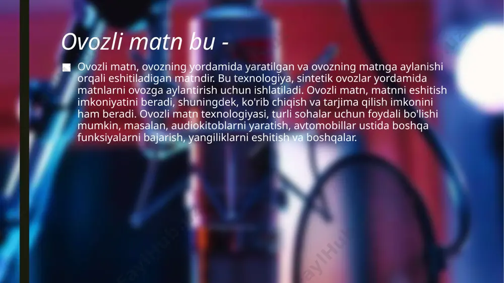 chun matn tuzib, ovozini videoplyonkaga yozib qo’yadi. video qatorlar tanlab olinganidan keyin bu ish qilinishi tabiiydir, chunki kadr bilan muxbir so’zlari mos kelishi kerak. biri biridan orqada qolib ketmasin. telemuxbir matni radiomuxbir matniga nisbatan vazmnroq, kamso’zliroq bo’ladi. ba’zan ta’sirli kadrlarni tomoshabinlar yaxshiroq ko’rishi uchun, so’zlamay pauza qilib (sukut saqlab) turish ham yaxshi. televizorda hikoya qilish san'ati qisqa axborotdan iborat telesyujet maqsadi va yo'nalishi ham.aniq, yaxlit bo'lish. telesyujetni turli mavzularga maydalab yubormaslik kerak. qisqa syujet voqeasida ham tugun va xotima bo‘lsin. syujetning boshlanishidanoq tomoshabinda qiziqish uyg'otsin va uni muhokama etilayotgan voqea bilan tanishtirsin. videoqatorlarning dastlabki 2-3 sekundi ,,toza" ya'ni sòzsiz tasvir bòlgani yaxshi. sinxron ovoz keyinroq boshlangani yaxshi. dramaturgik usullardan foydalanish yaxshi samara beradi. ibodatxonani kòrsatish oldidan qòng'iroq jarangi berilishi mumkin. ekranda qora ,,volvo" mashinasi va davlat xavfsizligi xodimlari ko'rinishi bilan bosh vazir kelgani bilinadi. telessyujet mazmuniga doir ayrim takror tomoshabinga voqeani yaxshiroq idrok etishga yordam beradi. avval nima haqida sòzlamoqchi …