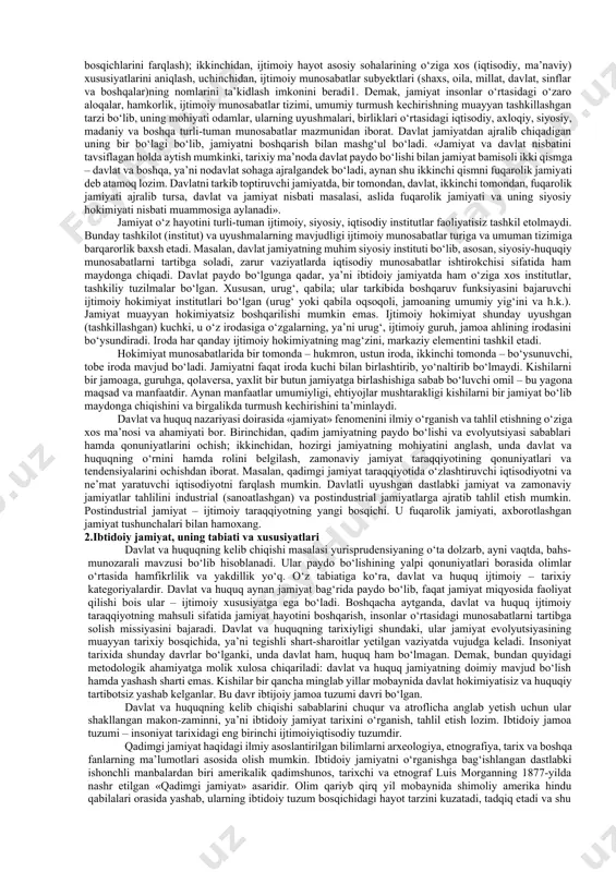 , ruhiy-fiziologik xususiyatlari va yuksak darajadagi uyushqoqligi tufayli jamiyatni hosil qiladi. jamiyat insonlarning birlashuvi, ittifoqi, uyushmasi sifatida murakkab, serqirra ijtimoiy hodisadir. jamiyat iborasi bir necha ma’nolarda qo‘llanadi: 1) kishilarning iqtisodiy, siyosiy, ijtimoiy, madaniy va boshqa maqsad hamda manfaatlari asosidagi birlashmalari, uyushmalari (mas., kitob sevarlar jamiyat, dehqon-sohibkorlar jamiyati, bilim jamiyati, tabiat himoyachilari jamiyati, xususiy mulkdorlar jamiyati va h.k.); 2) insoniyatning muayyan tarixiy taraqqiyot bosqichidagi yaxlit uyushmasi (ibtidoiy jamiyat, feodal jamiyat, inson va shaxslarning muayyan mamlakat ko‘lamidagi uyushmasi va h.k.); 3) tabiatning bir bo‘lagi, borliqning alohida olingan shakli, ijtimoiy turmush kechirishning ifodasi tarzidagi jamiyat. jamiyat mohiyatini ilmiy anglash, uning yaxlit ilmiy manzarasini yaratish insoniyat ma’naviy taraqqiyotining mislsiz yutug‘i hisoblanadi. abu ali ibn sino jamiyatning paydo bo‘lishi kishilarning birdamlikka bo‘lgan tabiiy ehtiyojidan kelib chiqqanligini, ijtimoiy tengsizlik, tabiiy holat, mehnatning ijtimoiy taqsimlanishi jamiyat taraqqiyotining manbayi ekanligini ta’kidladi. abu nasr forobiy ma’rifatli, mas’uliyatli, fozil jamiyat siymosini targ‘ib qilgan. abu rayhon beruniy jamiyat hayotida oila, mahalla, …
