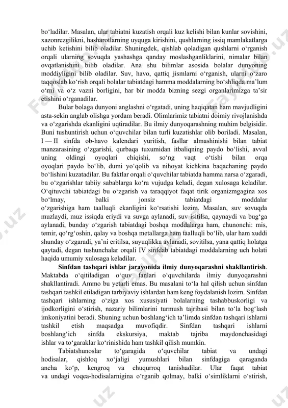 oiy ongning shakli bo‘lib, uning kelib chiqish sababining asosini insonning o‘zini qurshab turgan olamdan ajralib qarashga ojizligi tashkil etadi. shuning uchun ham mifologik dunyoqarashda jamiyat bilan tabiat, jonli bilan jonsiz narsalar bir xil tarzda ifodalanadi. diniy dunyoqarashning o‘ziga xos xususiyati shundaki, u tabiiy va ijtimoiy hodisalar mohiyatini ularning o‘zidan emas, balki xudoning qudrati bilan tushuntiradi. u hamma narsada va har qayerda ilohiy kuchlarning ta’siri, mo‘jizaviy kuchi bor, deb uqtiradi. diniy dunyoqarashning mohiyati dindorlar uchun muqaddas bo‘lib hisoblangan adabiyotlarda o‘z aksini topgan. falsafiy dunyoqarash — bu olam haqidagi yaxlit va sistemalashtirilgan bilimlar yig‘indisidir. mifologik va diniy dunyoqarash hissiy a’zolarimiz orqali erishilgan ma’lumotlar asosida shakllansa, falsafiy dunyoqarash hissiy va aqliy a’zolarimiz tufayli ilm-fan yordamida to‘plangan bilimlar yig‘indisidir. ta’lim jarayonida ilmiy dunyoqarashni shakllantirish. yosh avlodda ilmiy dunyoqarashni shakllantirish hamma davrlarda millatning ilg‘or kishilari diqqat markazida bo‘lgan. ilmiy dunyoqarash ijtimoiy tarixiy hodisa sifatida doim vorislik asosida rivojlanadi. o‘tmish dunyoqarashlari yangi davr dunyoqarashining ildizini tashkil …