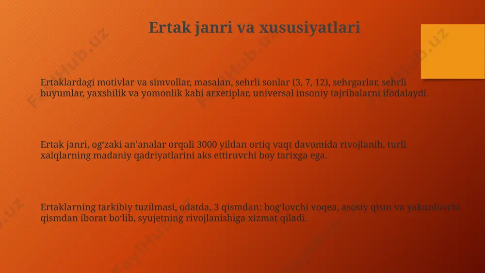 ta kichik epizodlarni o'z ichiga oladi, bu esa syujetning murakkabligini aks ettiradi. qahramonlar va ularning xarakterlari ertaklardagi qahramonlarning xarakteristikalari odatda 2-3ta asosiy xususiyat bilan chegaralanadi, hikoyalarda esa bu soni 5-7tagacha yetishi mumkin, bu chuqurroq psixologik tahlilga imkon beradi. qahramonlarning 3 turi – ijobiy, salbiy va neytral – hikoya va ertaklarda turlicha nisbatlarda uchraydi, bu asarning mavzulari va dramatik kuchini belgilaydi. hikoya va ertaklardagi qahramonlarning motivatsiyasi, ularning harakatlarining sabablari va oqibatlari, syujetning rivojlanishiga kattalikdagi ta'sir ko'rsatadi; bu 80% hollarda asosiy ziddiyatning markazida bo'ladi. e'tiboringiz uchun rahmat @taqdimot_robot image3.png image1.png