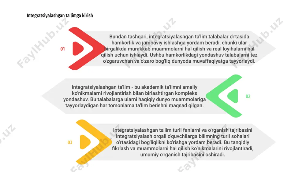 m siyosati asoslari tamoyillarini qabul qilish orqali maktablar barcha o'quvchilarning akademik va shaxsiy o'sishiga yordam beradigan yanada inklyuziv va adolatli o'quv muhitini yaratishi mumkin. 01 02 03 04 integratsiyalashgan ta'lim yaxlit ta'lim tajribasini yaratish uchun turli fanlarni birlashtiradi. bu talabalarga turli fanlar orasidagi nuqtalarni bog'lashga yordam beradi va tanqidiy fikrlash qobiliyatini rivojlantiradi. 03 mavzularni integratsiyalash orqali talabalar tushunchalar qanday qilib bir-biriga mos kelishini va real dunyo stsenariylariga qo'llanilishini tushunadilar. ushbu yondashuv tushunish va saqlashni kuchaytiradi, bu esa akademik samaradorlikni va umumiy yutuqlarni yaxshilashga olib keladi. 02 01 integratsiyalashgan ta'lim, shuningdek, fanlararo jamoaviy ish va muammolarni hal qilishga yordam beradi. talabalar fanlar bo'yicha hamkorlik qilishni o'rganadilar, o'zlarining muloqot va hamkorlik ko'nikmalarini rivojlantiradilar, kelajakda akademik va undan tashqarida muvaffaqiyatga erishadilar. integratsiyalashgan ta'lim barcha o'quvchilar uchun har tomonlama ta'lim berish uchun umumiy resurslar va tajribani rag'batlantirish orqali maktablar o'rtasidagi hamkorlikni rivojlantiradi. 1 ushbu hamkorlik maktablarga yanada inklyuziv va qo'llab-quvvatlovchi o'quv muhitini yaratish uchun …