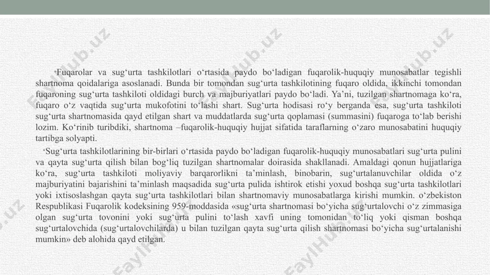 vchilarning manfaatini himoya etish maqsadida undan sug‘urta faoliyatini amalga oshirish huquqini beruvchi litsenziyani chaqirib olish huquqiga ega. sug‘urtani huquqiy tartibga solish davlat tomonidan sug‘urta munosabati qatnashchilarining hatti-harakatini huquqiy normalar vositasida amalga oshiriladi. jismoniy va yuridik shaxslarning mulkiy huquqlarini har xil oldindan ko‘rib bo‘lmaydigan sug‘urtaviy himoya qilish uchun ko‘pchilik shaxslar tomonidan tashkil etiladigan maxsus fond hisobidan amalga oshiriladigan sug‘urta faoliyati jarayonida paydo bo‘ladigan ijtimoiy munosabatlar mavjud. ushbu munosabatlarni tartibga soladigan normalar yig‘indisiga sug‘urta huquqi deyiladi. kodekslar 1) o‘zbekiston respublikasi soliq kodeksi: 33-bob. soliq solishdan ozod etish hujjat raqami: 33-bob kuchga kirish sanasi: 2019-yil 1-yanvar 2) o‘zbekiston respublikasi fuqarolik kodeksi: 52-bob. sug‘urta hujjat raqami: 52-bob kuchga kirish sanasi: 1997-yil 1-mart qonunlar 1) «sug‘urta faoliyati to‘g‘risida»gi o‘zbekiston respublikasi qonuni hujjat raqami: o‘rq-730 kuchga kirish sanasi: 2022-yil 25-fevral 2) «litsenziyalash, ruxsat berish va xabardor qilish tartib-taomillari to‘g‘risida»gi o‘zbekiston respublikasi qonuni hujjat raqami: o‘rq-701 kuchga kirish sanasi: 2021-yil 15-iyul 3) «tashuvchining fuqarolik javobgarligini majburiy sug‘urta …