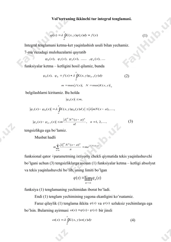 holda (3) tengsizlikga ega bo’lamiz. musbat hadli funksional qator parametrning ixtiyoriy chekli qiymatida tekis yaqinlashuvchi bo’lgani uchun (3) tengsizliklarga asosan (1) funksiyalar ketma – ketligi absolyut va tekis yaqinlashuvchi bo’lib, uning limiti bo’lgan funksiya (1) tenglamaning yechimidan iborat bo’ladi. endi (1) tenglam yechimining yagona ekanligini ko’rsatamiz. faraz qilaylik (1) tenglama ikkita va uzluksiz yechimlarga ega bo’lsin. bularning ayirmasi bir jinsli (4) tenglamani qanoatlantiradi. deb belgilab olsak, (4) dan darhol tengsizlik kelib chiqadi. bundan foydalanib (4) tenglikdan tengsizlikni hosil qilamiz. bu jarayonni davom ettirib, ixtiyoriy natural uchun tengsizlikni hosil qilamiz. bu tengsizlikdan da yoki ekanligi kelib chiqadi. shunday qilib quyidagi xulosaga keldik. vol’terraning ikkinchi tur (1) integral tenglamasi, uning yadrosi va ozod hadi uzluksiz fuksiyalar bo’lgabda parametrning har bir chekli qiymatida yagona yechimga ega bo’ladi. shu dalil bilan vol’terraning ikkinchi tur integral tenglamasi har bir uchun yechimga ega bo’lavermaydigan fredgolmning ikkinchi tur integral tenglamasidan tubdan farq qiladi. 2. iterasiyalangan yadro. tengsizlik …