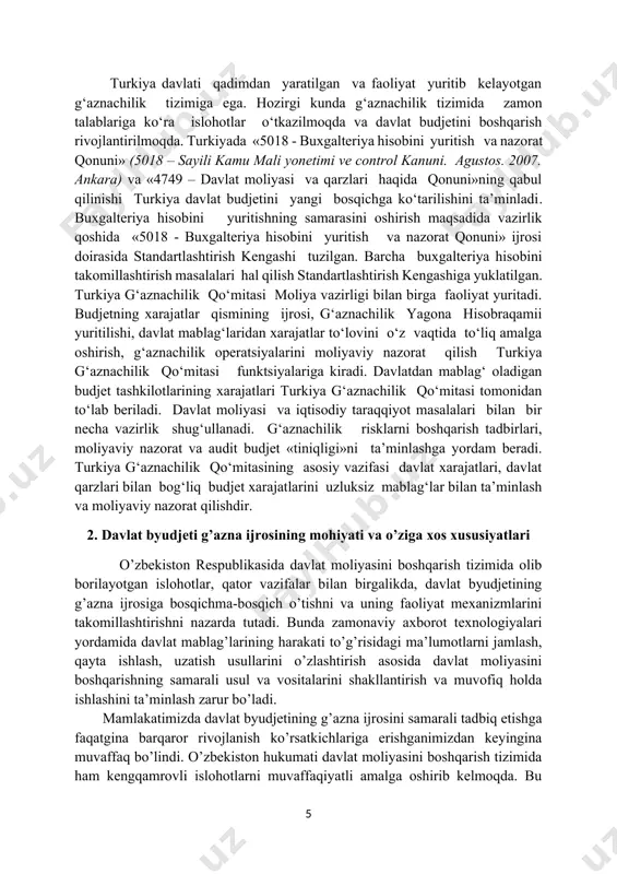 bi ko‘llaniladi, budjet g‘aznachilik usulida ijro qilinadi. turkiya g‘aznachilik qo‘mitasi davlat xarajatlari hamda davlat qarzlari bilan bog‘liq xarajatlarni uzluksiz mablag‘lar bilan ta’minlaydi. buning uchun g‘aznachilikning axborot tizimi budjetni tayyorlash, budjetga tushgan mablag‘lar hisobi va xarajatlar qismining ijrosi borasidagi barcha masalalar bo‘yicha tarmoqlar departamenti bilan aloqada faoliyat yuritadi[footnoteref:4]. [4: ali hashim bair allan. treaury reference model. word bank & imf. march. 2010. 347 r. ] turkiya davlati qadimdan yaratilgan va faoliyat yuritib kelayotgan g‘aznachilik tizimiga ega. hozirgi kunda g‘aznachilik tizimida zamon talablariga ko‘ra islohotlar o‘tkazilmoqda va davlat budjetini boshqarish rivojlantirilmoqda. turkiyada «5018 - buxgalteriya hisobini yuritish va nazorat qonuni» (5018 – sayili kamu mali yonetimi ve control kanuni. agustos. 2007. ankara) va «4749 – davlat moliyasi va qarzlari haqida qonuni»ning qabul qilinishi turkiya davlat budjetini yangi bosqichga ko‘tarilishini ta’minladi. buxgalteriya hisobini yuritishning samarasini oshirish maqsadida vazirlik qoshida «5018 - buxgalteriya hisobini yuritish va nazorat qonuni» ijrosi doirasida standartlashtirish kengashi tuzilgan. barcha …
